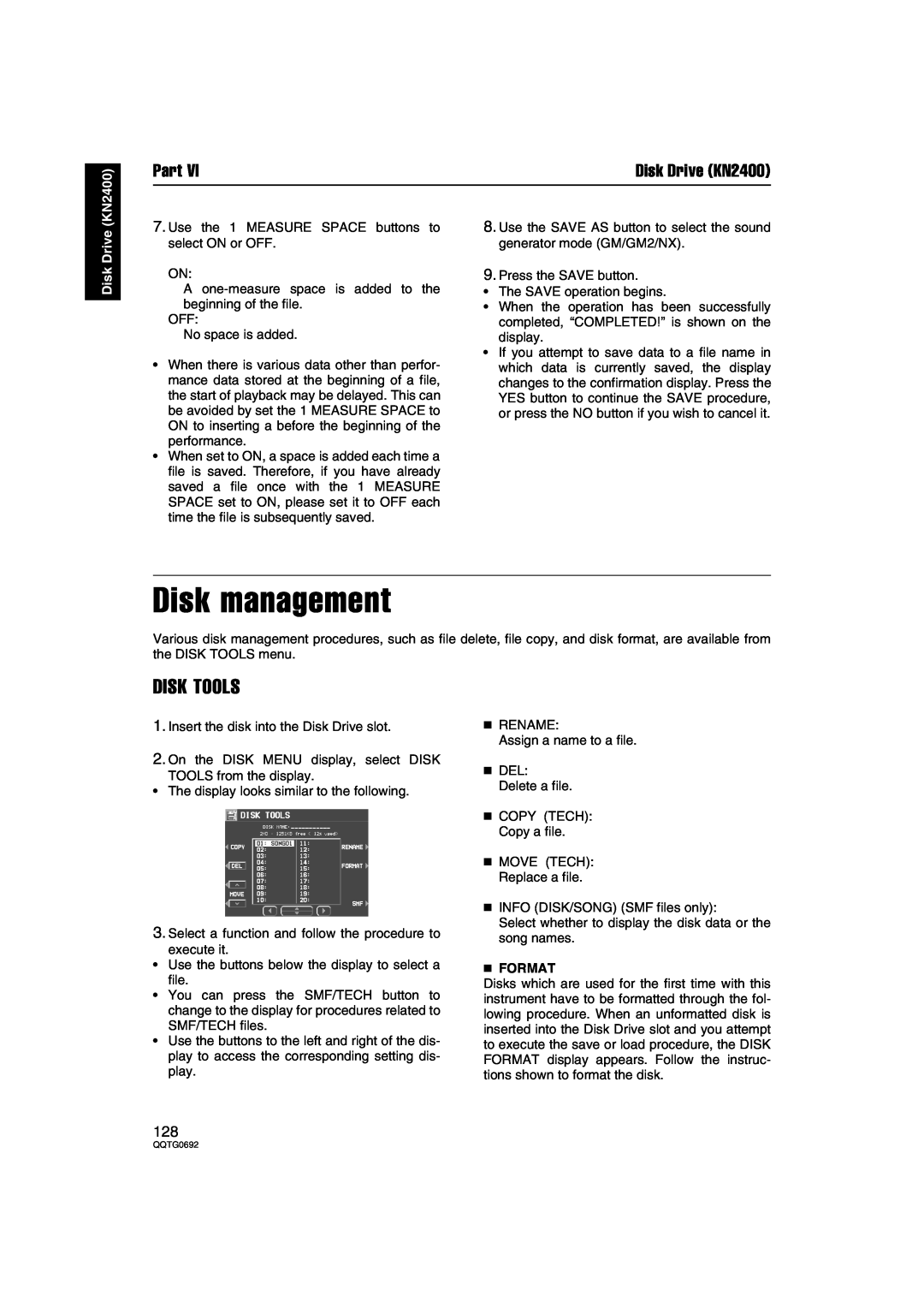 Panasonic SX-KN2600, SX-KN2400 manual Disk management, Disk Tools, Format, Part, Disk Drive KN2400 