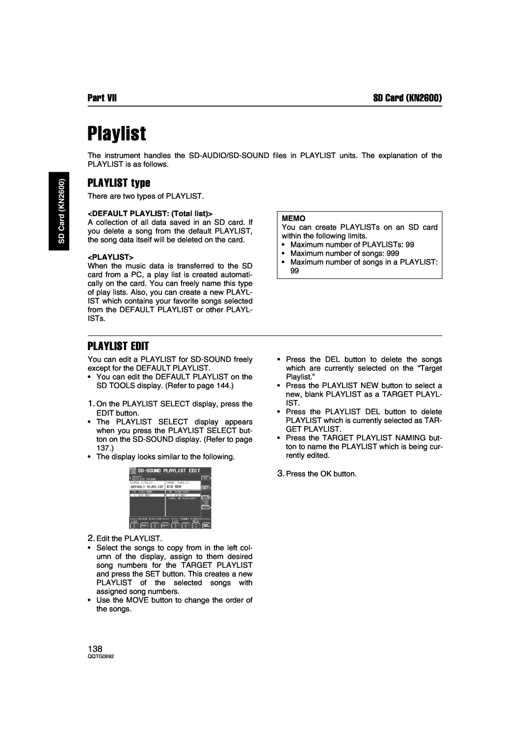 Panasonic SX-KN2600, SX-KN2400 PLAYLIST type, Playlist Edit, DEFAULT PLAYLIST Total list, Memo, Part, SD Card KN2600 