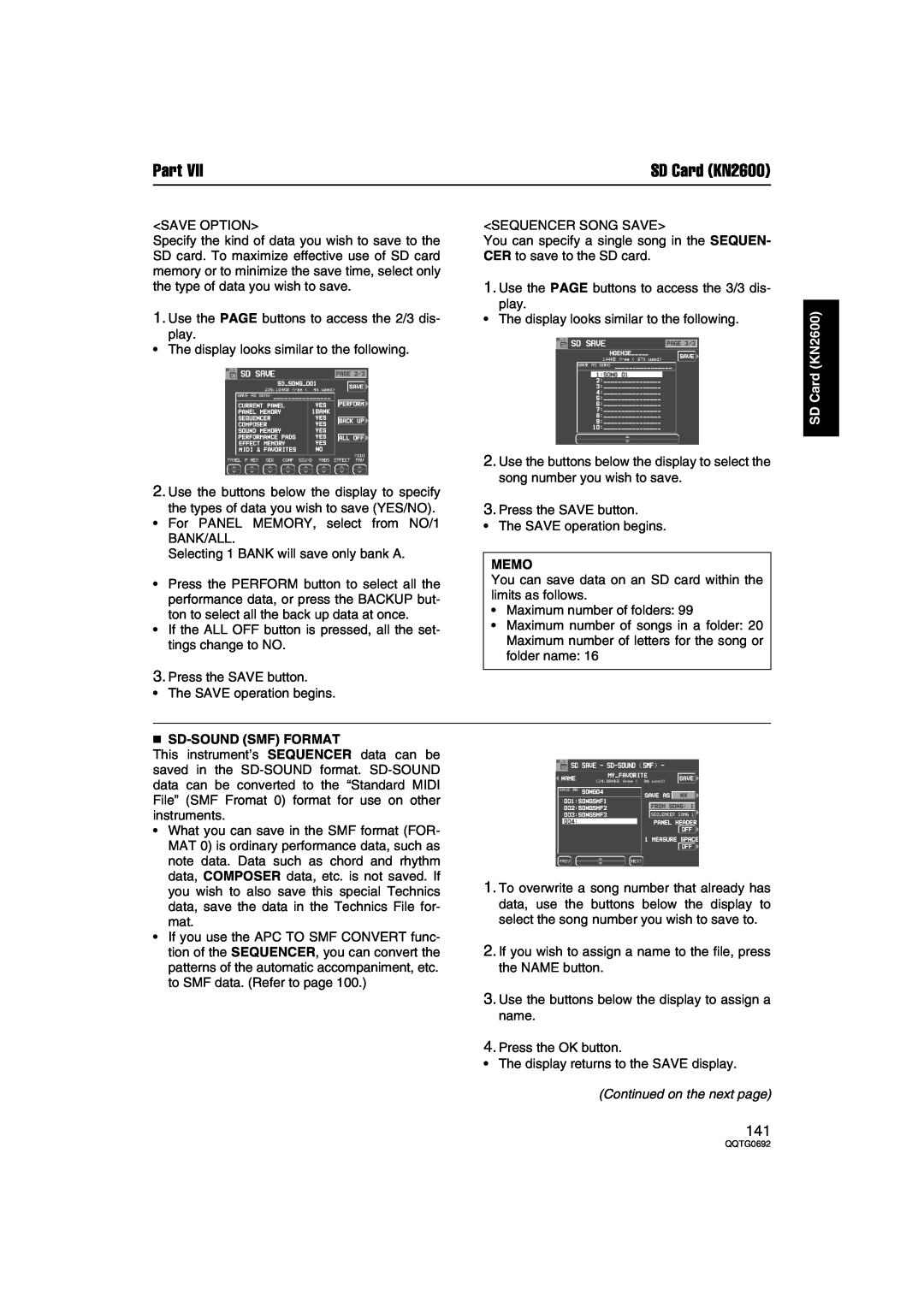 Panasonic SX-KN2400, SX-KN2600 manual Sd-Sound Smf Format, Part, SD Card KN2600, Memo, Continued on the next page 