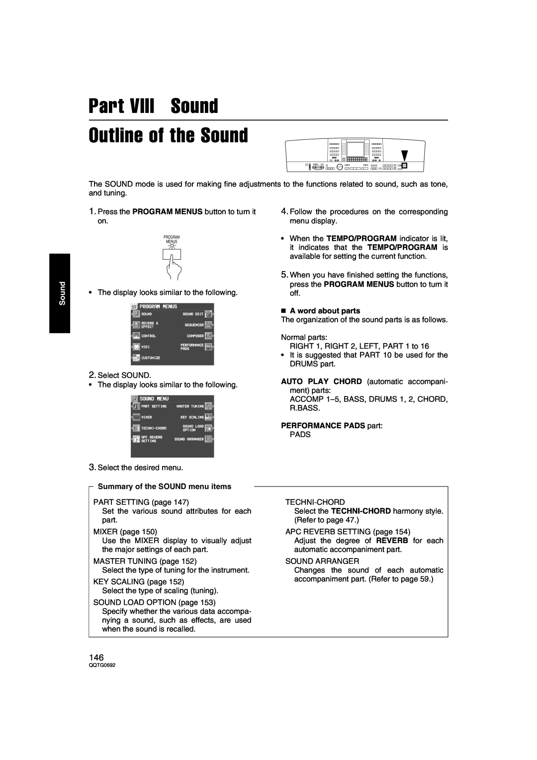 Panasonic SX-KN2600, SX-KN2400 Part VIII Sound Outline of the Sound, Summary of the SOUND menu items, A word about parts 