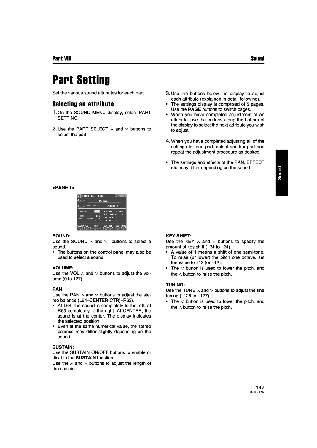 Panasonic SX-KN2400, SX-KN2600 Selecting an attribute, Page Sound, Volume, Sustain, Key Shift, Tuning, Part Setting 