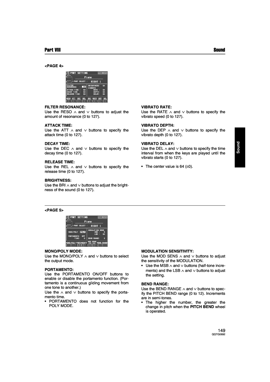 Panasonic SX-KN2400 Page Filter Resonance, Attack Time, Decay Time, Release Time, Brightness, Vibrato Rate, Vibrato Depth 