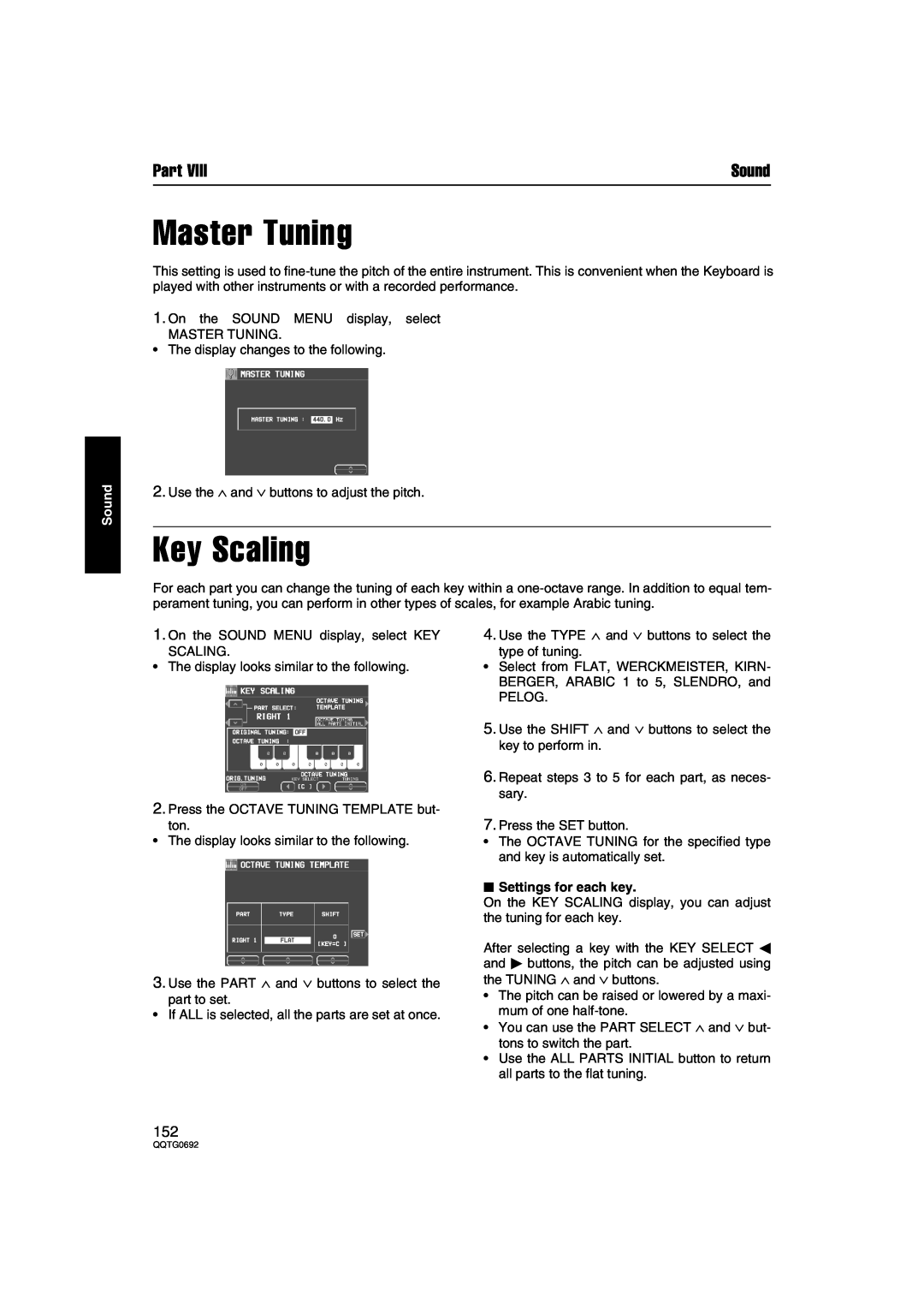 Panasonic SX-KN2600, SX-KN2400 manual Master Tuning, Key Scaling, Settings for each key, Part, Sound 