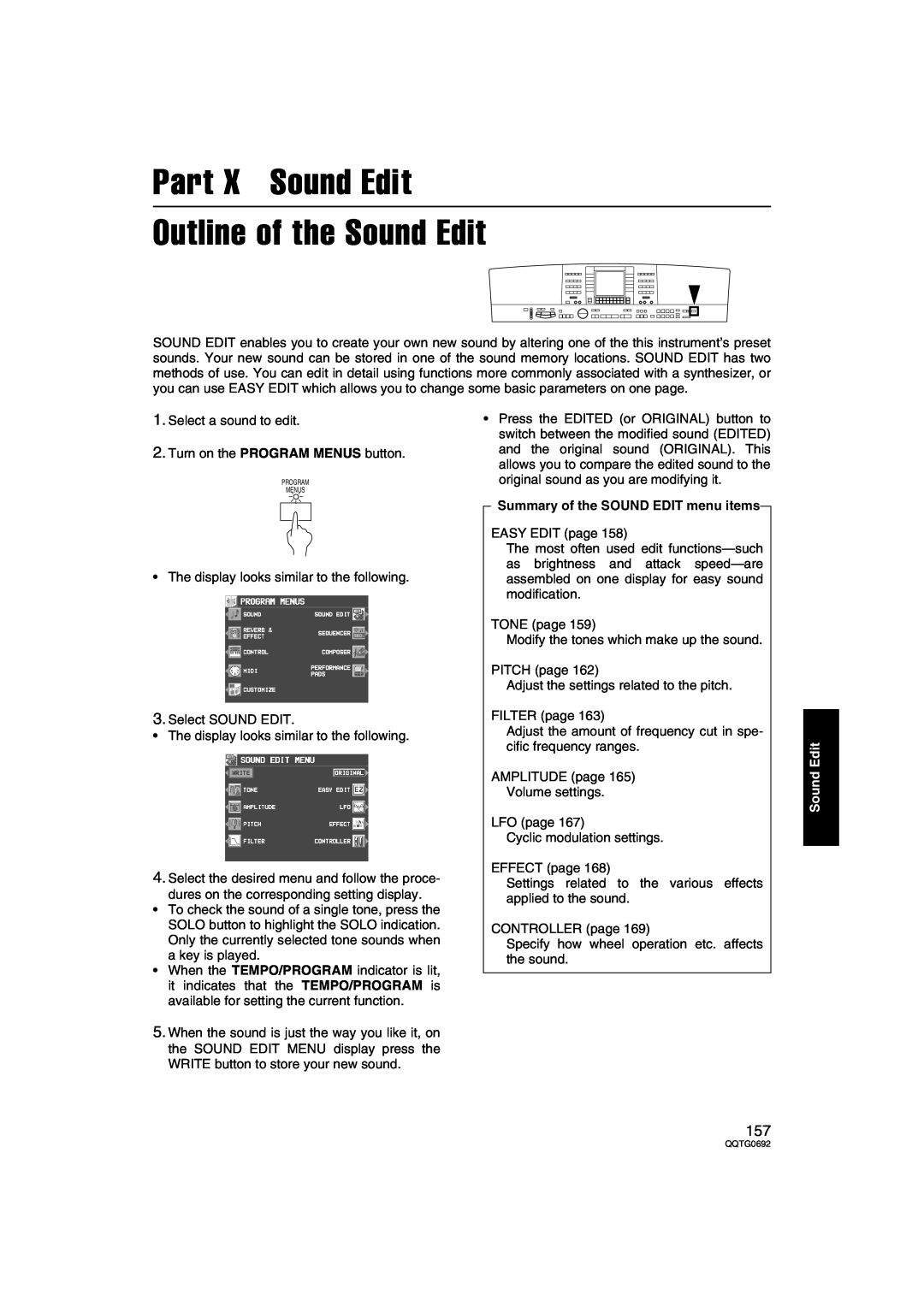 Panasonic SX-KN2400, SX-KN2600 manual Part X Sound Edit Outline of the Sound Edit, Summary of the SOUND EDIT menu items 