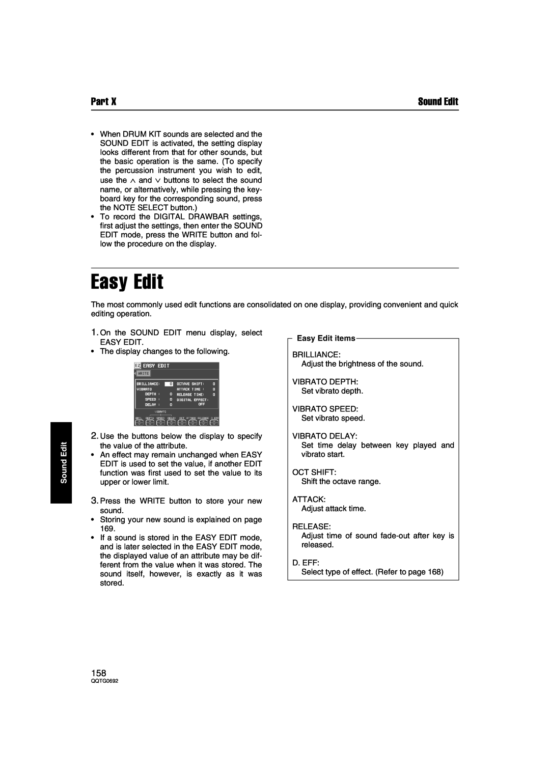 Panasonic SX-KN2600, SX-KN2400 manual Sound Edit, Easy Edit items, Part 