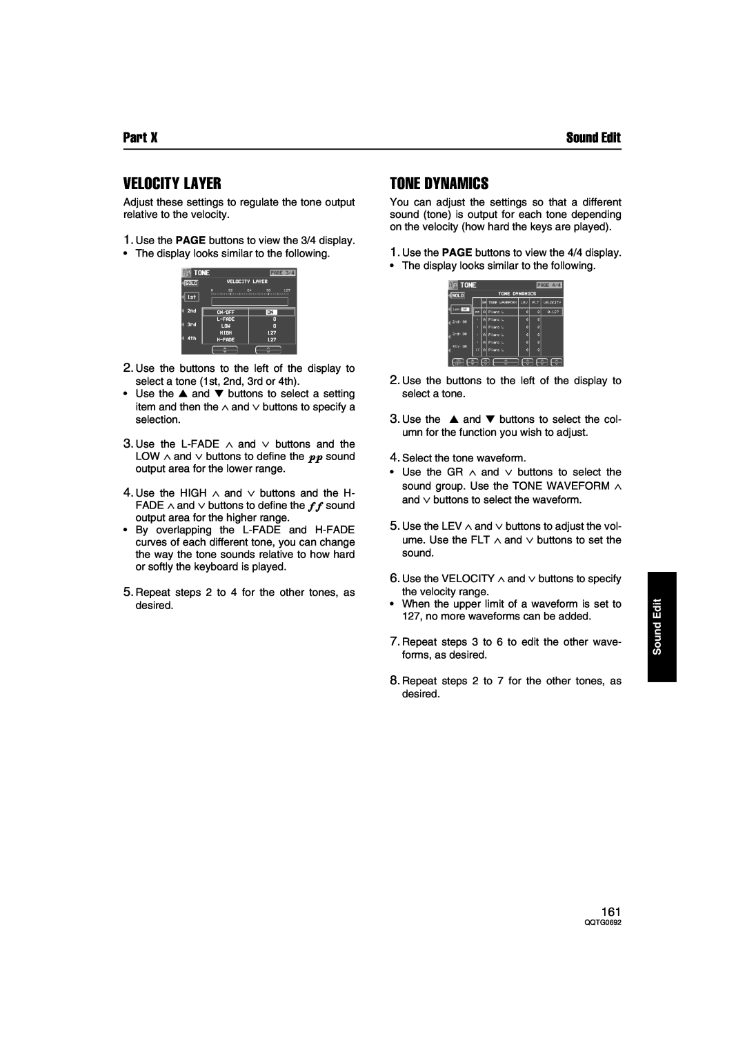 Panasonic SX-KN2400, SX-KN2600 manual Velocity Layer, Tone Dynamics, Part, Sound Edit 