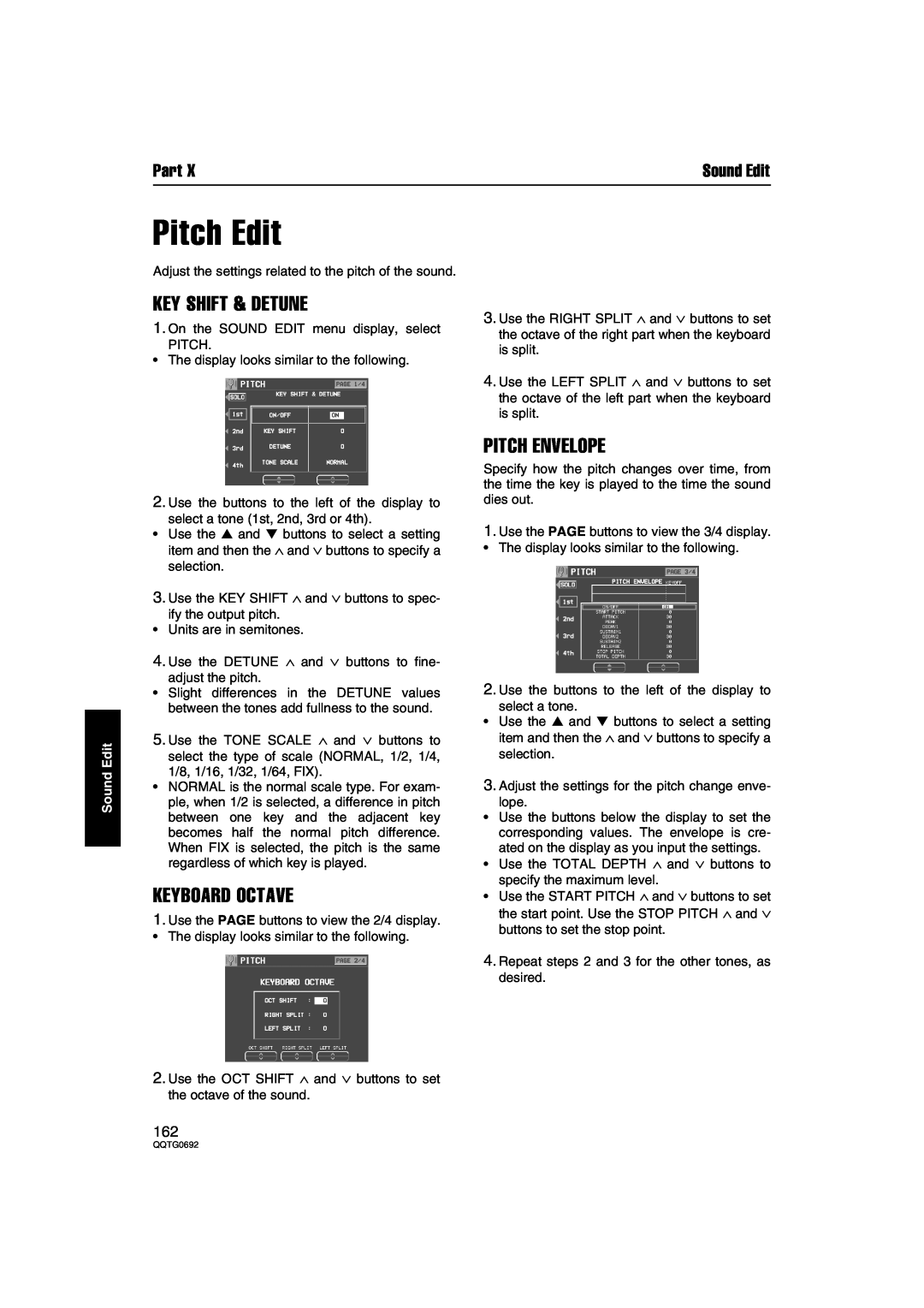Panasonic SX-KN2600, SX-KN2400 manual Pitch Edit, Key Shift & Detune, Keyboard Octave, Pitch Envelope, Part, Sound Edit 