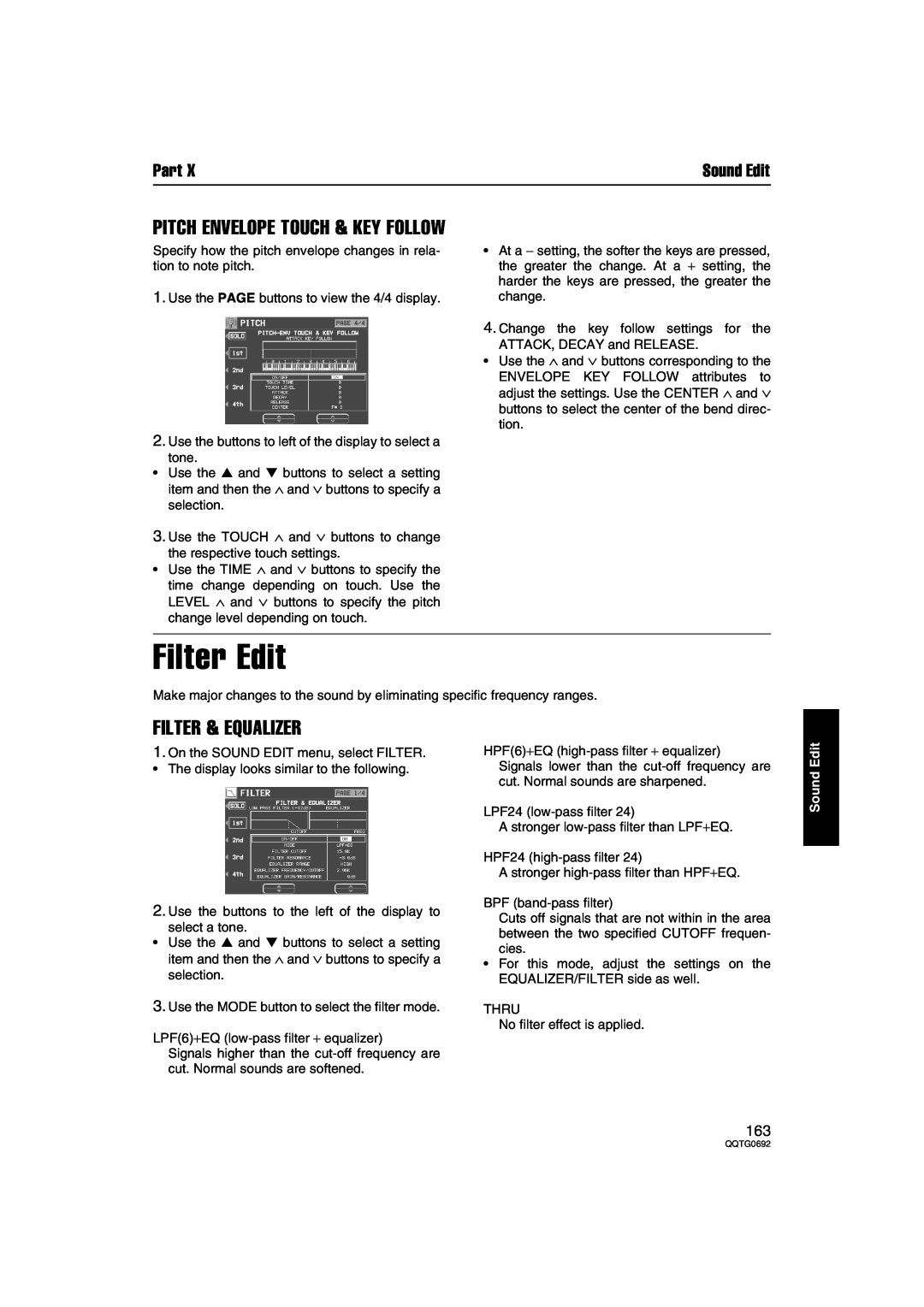 Panasonic SX-KN2400, SX-KN2600 manual Filter Edit, Filter & Equalizer, Pitch Envelope Touch & Key Follow, Part, Sound Edit 