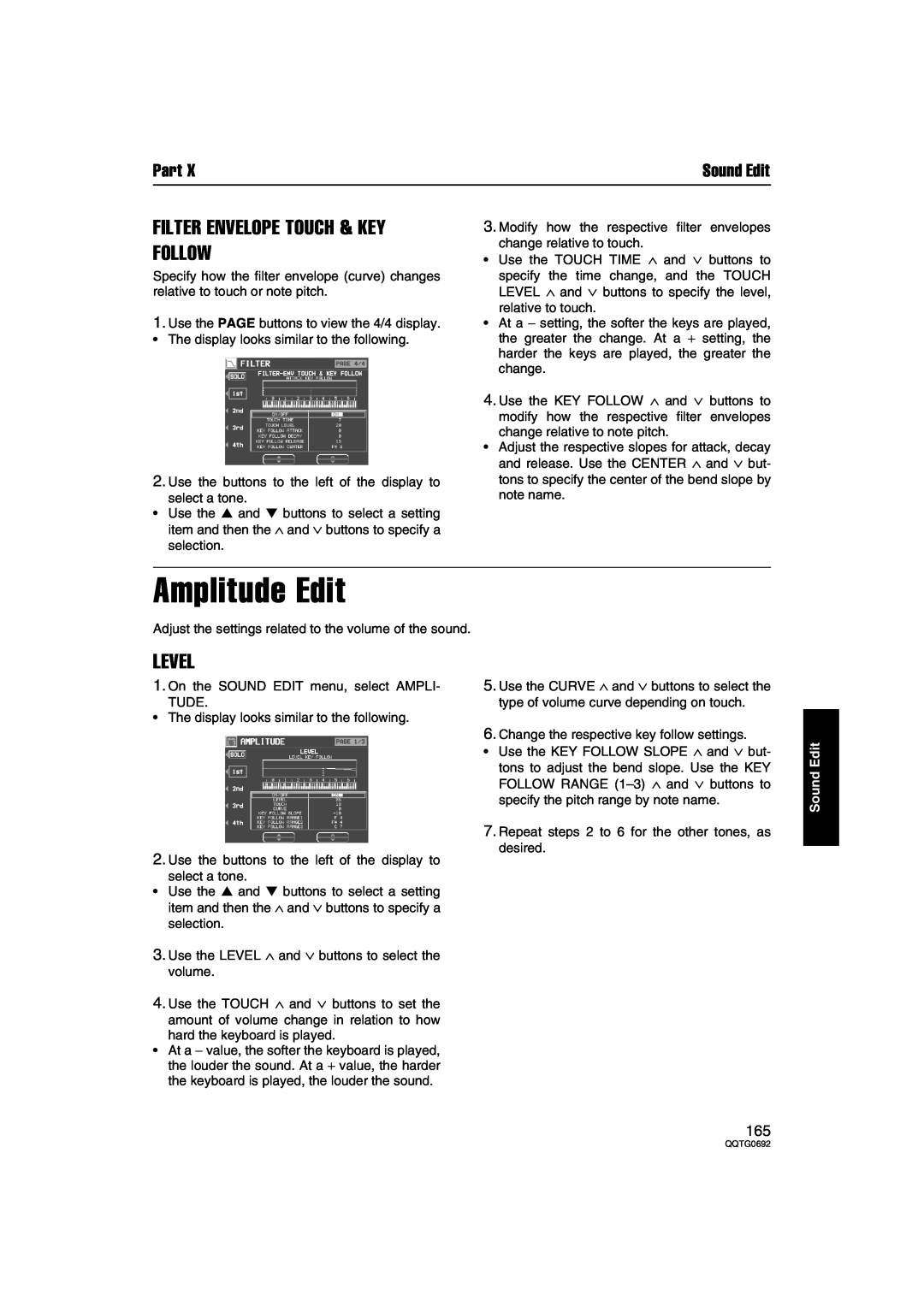 Panasonic SX-KN2400, SX-KN2600 manual Amplitude Edit, Filter Envelope Touch & Key Follow, Level, Part, Sound Edit 