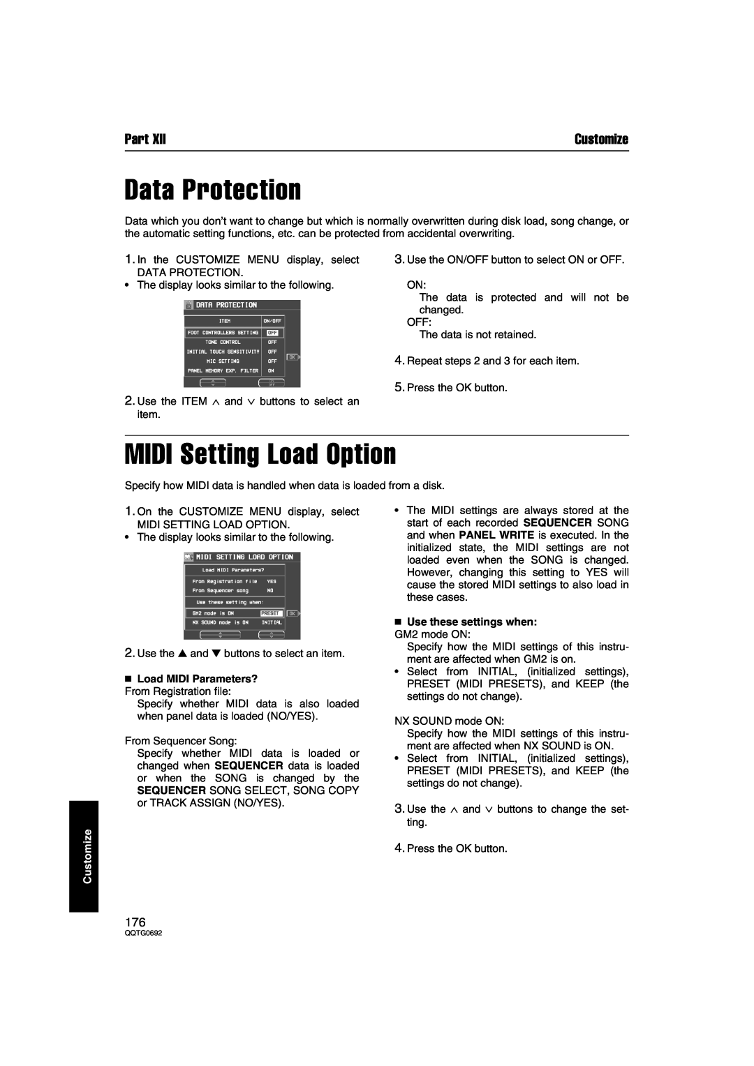 Panasonic SX-KN2600 manual Data Protection, MIDI Setting Load Option, Use these settings when GM2 mode ON, Part, Customize 