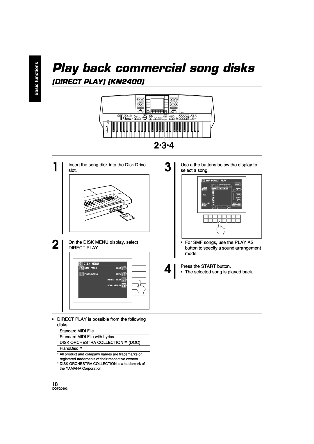 Panasonic SX-KN2600 Play back commercial song disks, DIRECT PLAY KN2400, Basic functions, QQTG0692, Effect, Sound Group 