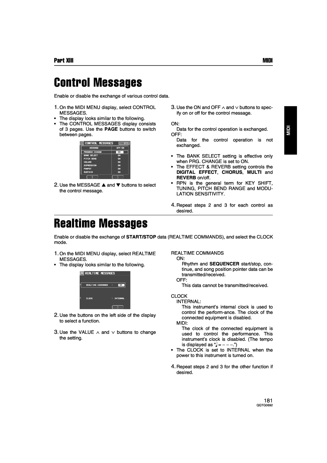 Panasonic SX-KN2400, SX-KN2600 manual Control Messages, Realtime Messages, Part, Midi 