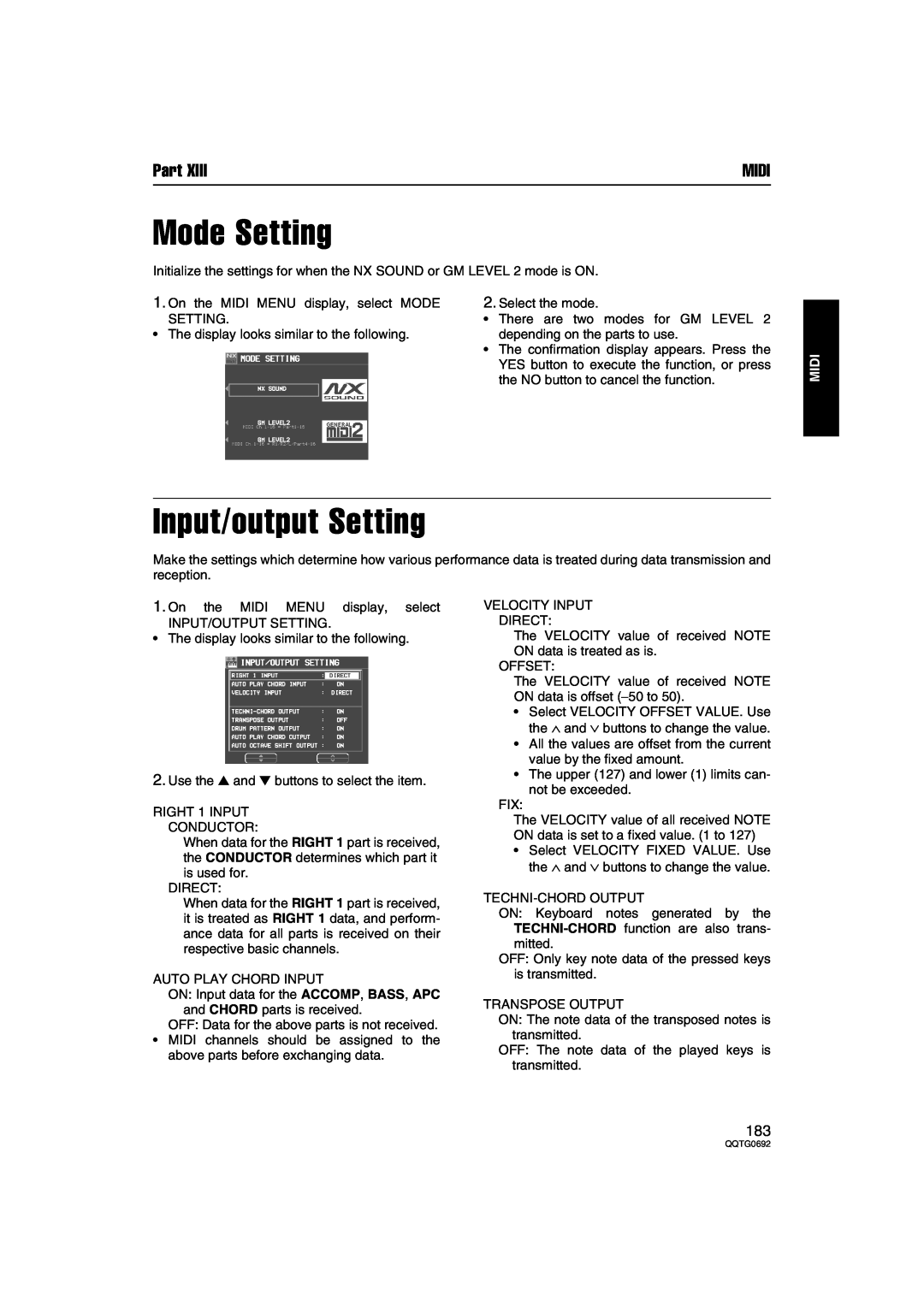 Panasonic SX-KN2400, SX-KN2600 manual Mode Setting, Input/output Setting, Part, Midi 