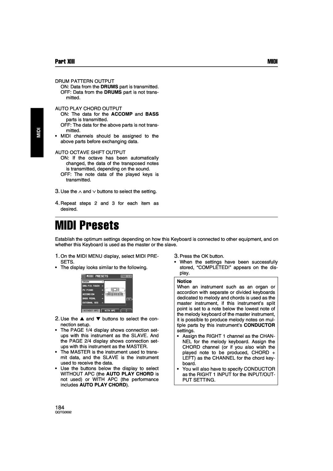 Panasonic SX-KN2600, SX-KN2400 manual MIDI Presets, Part, Midi 