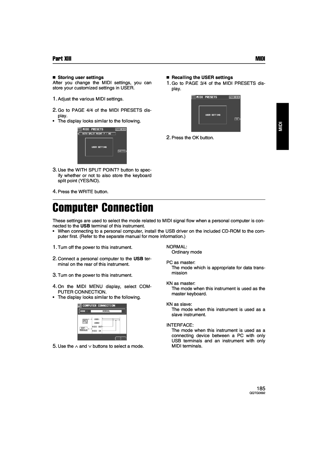 Panasonic SX-KN2400, SX-KN2600 manual Computer Connection, Storing user settings, Recalling the USER settings, Part, Midi 