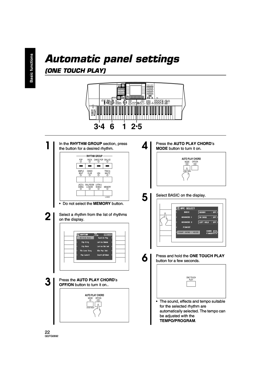 Panasonic SX-KN2600 Automatic panel settings, One Touch Play, Press the AUTO PLAY CHORD’s OFF/ON button to turn it on 