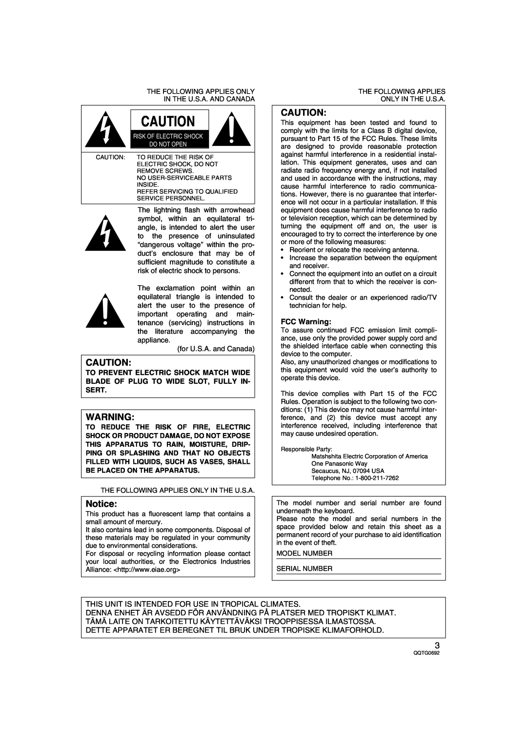 Panasonic SX-KN2400, SX-KN2600 manual FCC Warning, This Unit Is Intended For Use In Tropical Climates 