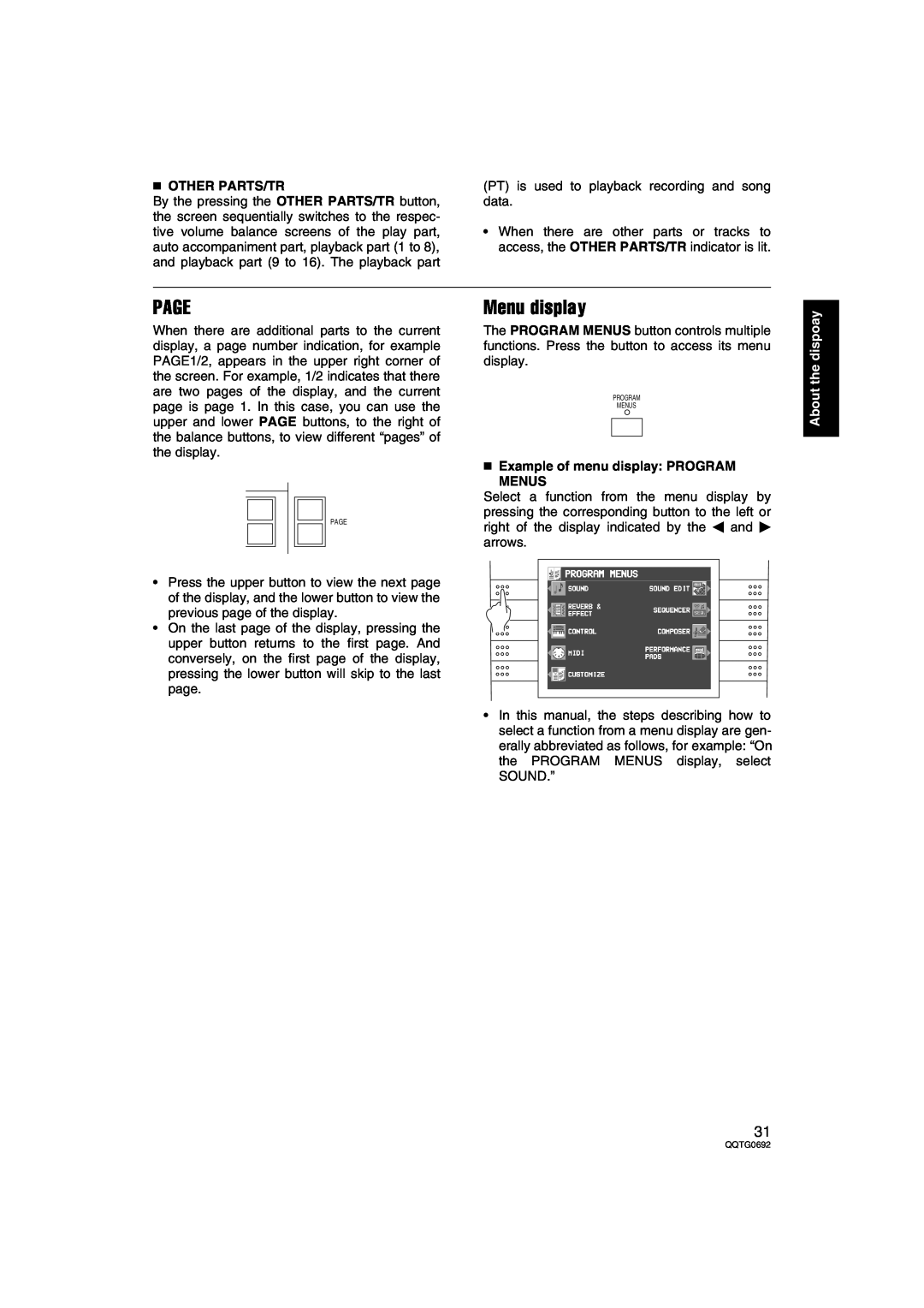 Panasonic SX-KN2400 manual Page, Menu display, Other Parts/Tr, Example of menu display PROGRAM MENUS, About the dispoay 