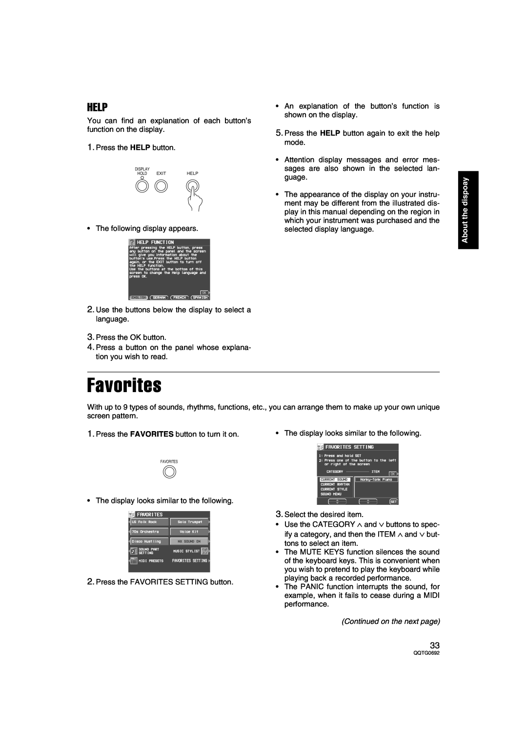 Panasonic SX-KN2400, SX-KN2600 manual Favorites, Help, Continued on the next page, About the dispoay 
