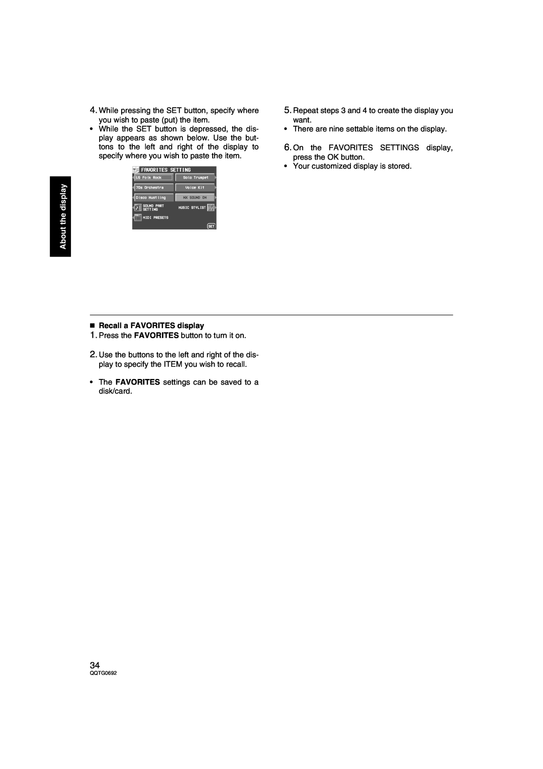 Panasonic SX-KN2600, SX-KN2400 manual Recall a FAVORITES display, About the display 
