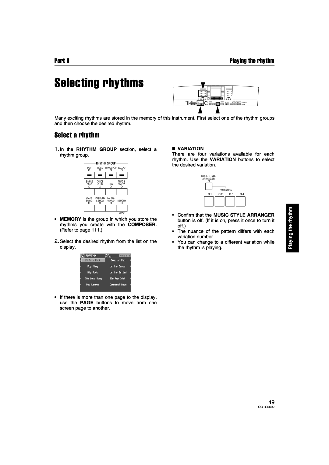 Panasonic SX-KN2400, SX-KN2600 manual Selecting rhythms, Select a rhythm, Playing the rhythm, Variation, Part 