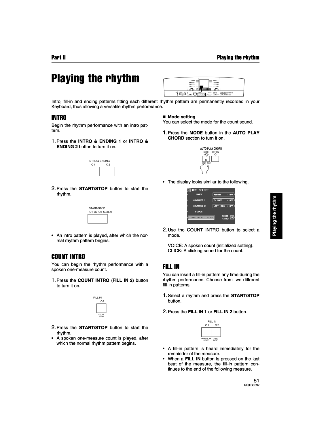Panasonic SX-KN2400, SX-KN2600 manual Playing the rhythm, Count Intro, Fill In, Mode setting, Part 