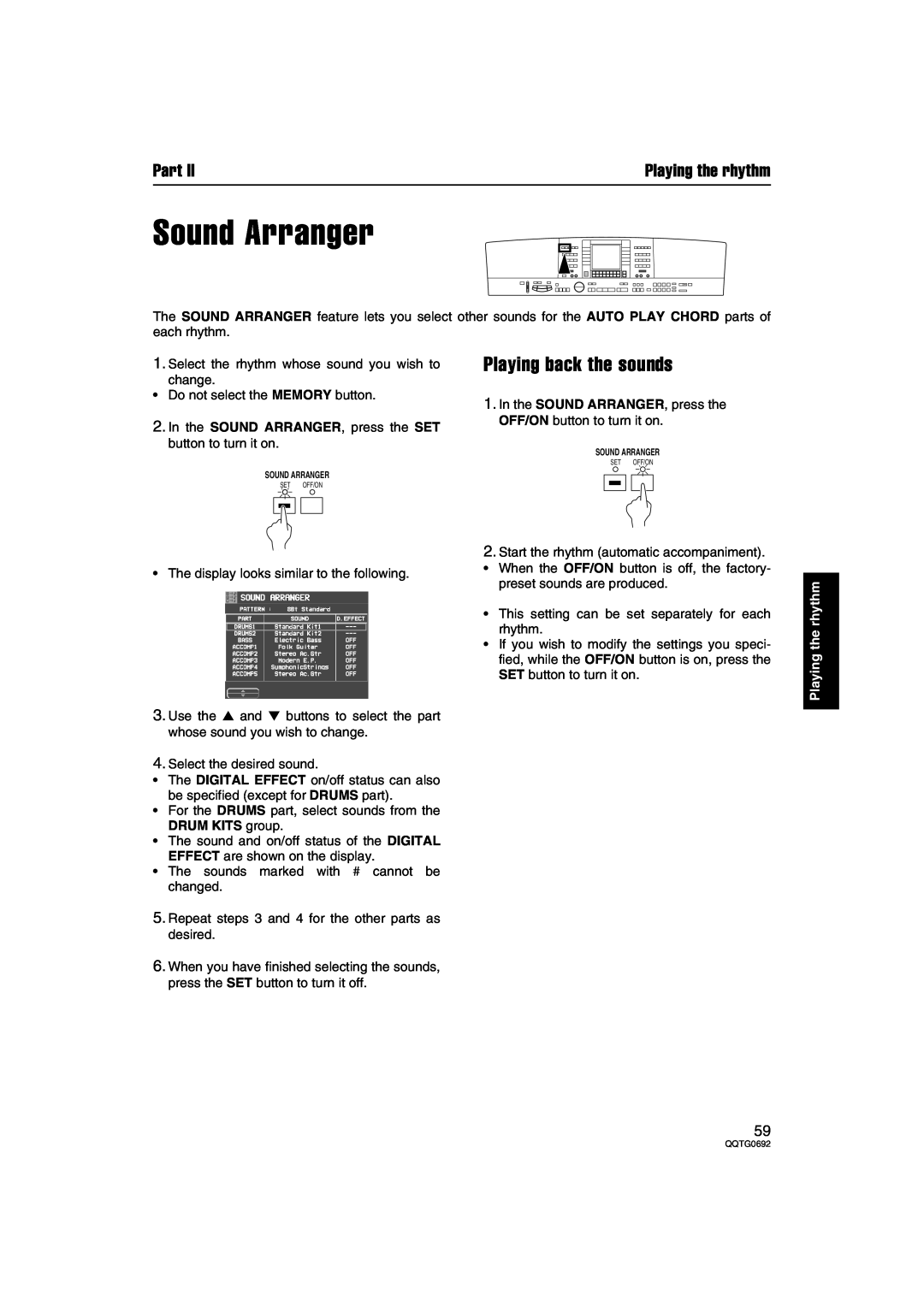 Panasonic SX-KN2400, SX-KN2600 manual Sound Arranger, Playing back the sounds, Part, Playing the rhythm 