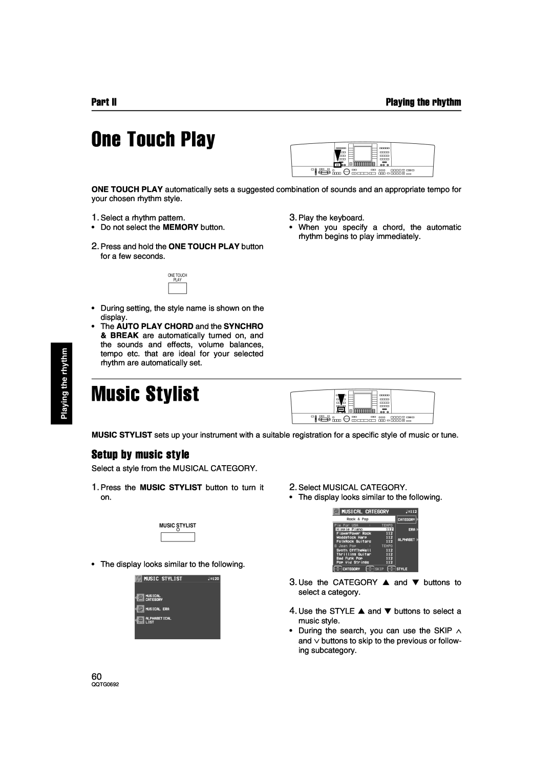 Panasonic SX-KN2600, SX-KN2400 manual One Touch Play, Music Stylist, Setup by music style, Part, Playing the rhythm 