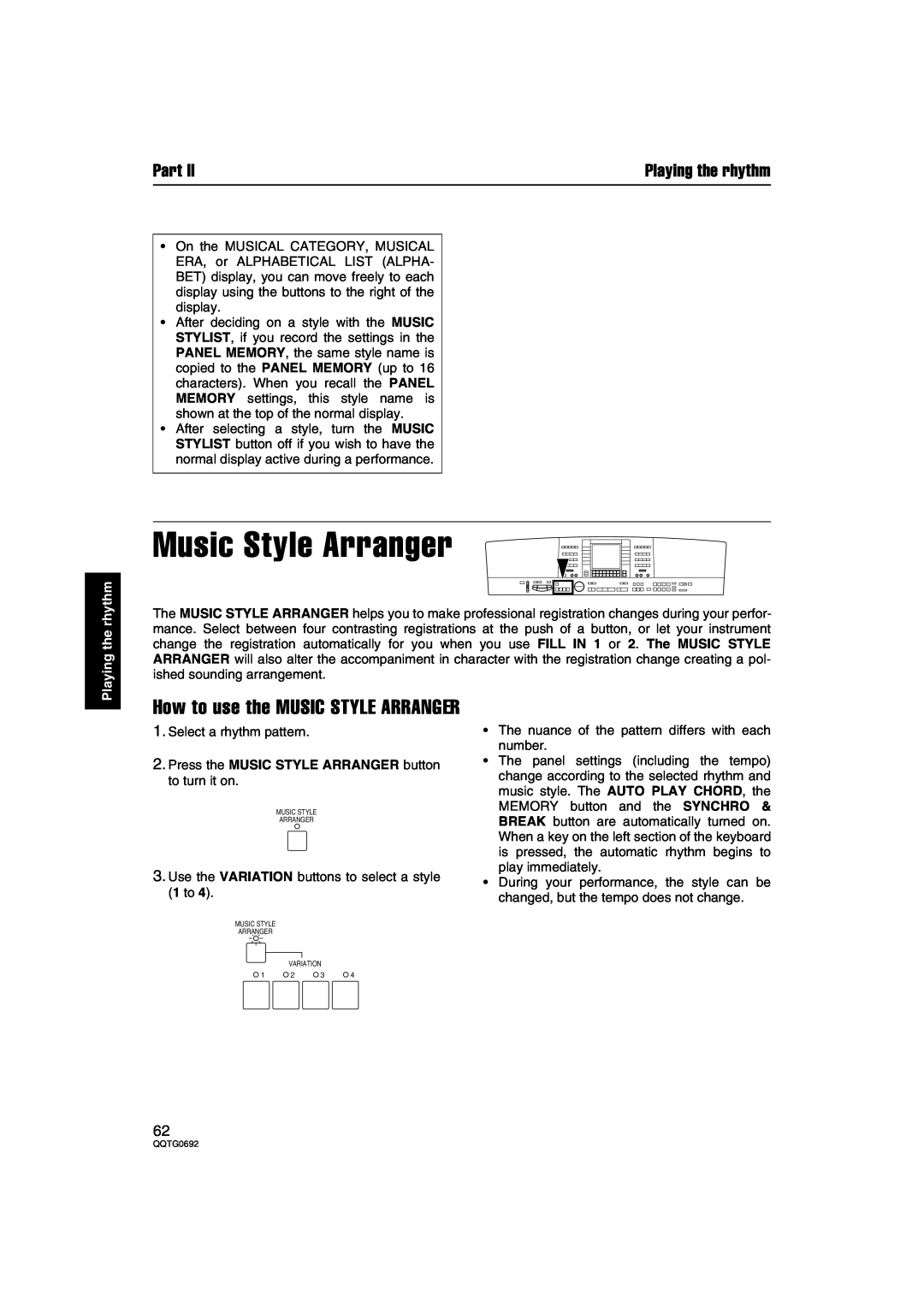 Panasonic SX-KN2600, SX-KN2400 manual Music Style Arranger, How to use the MUSIC STYLE ARRANGER, Part, Playing the rhythm 