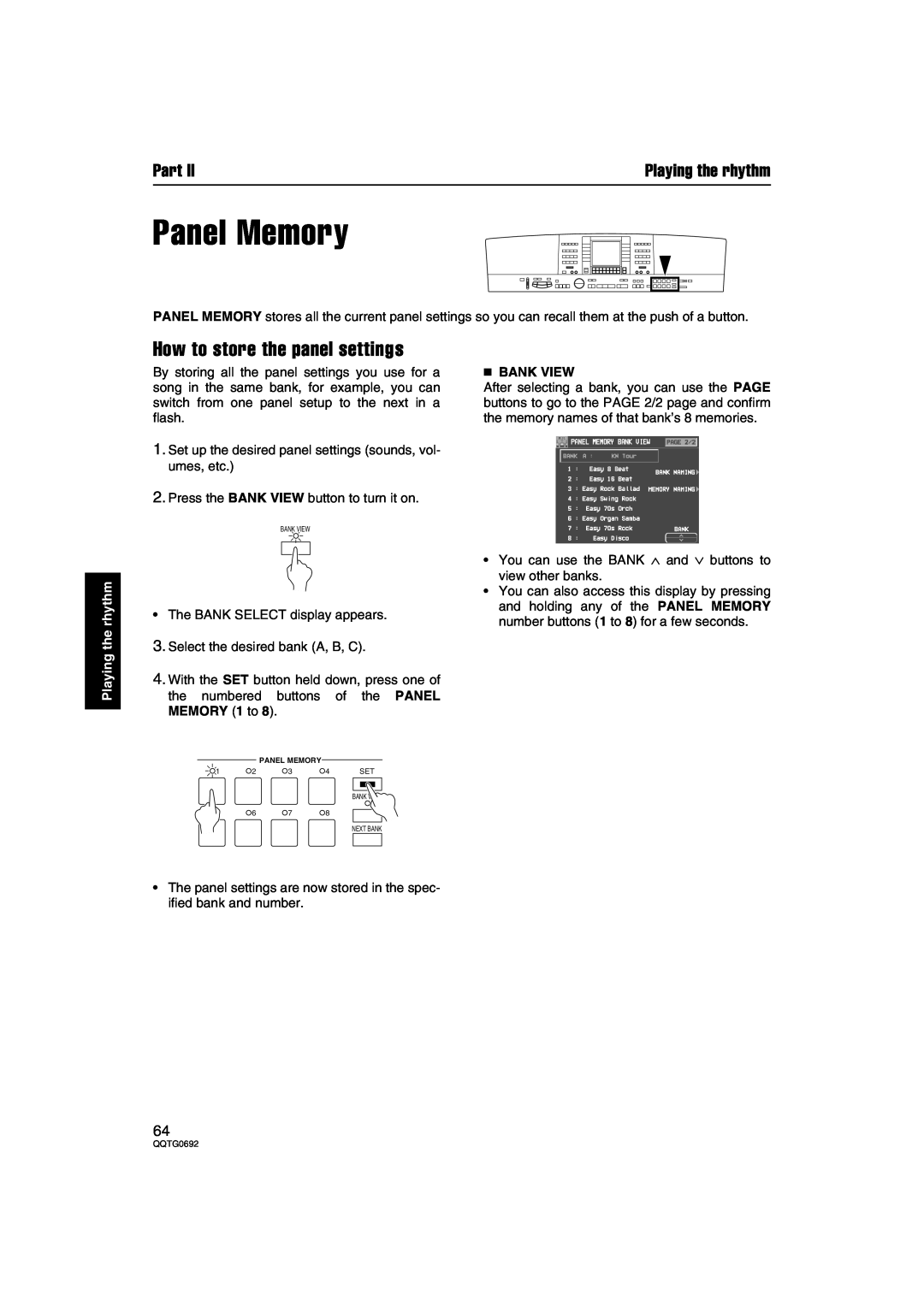 Panasonic SX-KN2600, SX-KN2400 manual Panel Memory, How to store the panel settings, Bank View, Part, Playing the rhythm 