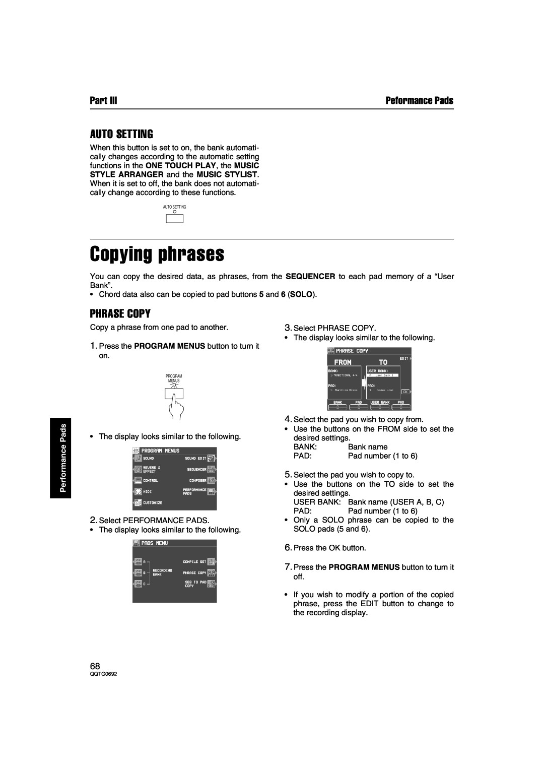 Panasonic SX-KN2600, SX-KN2400 manual Copying phrases, Auto Setting, Phrase Copy, Peformance Pads, Part, Performance Pads 