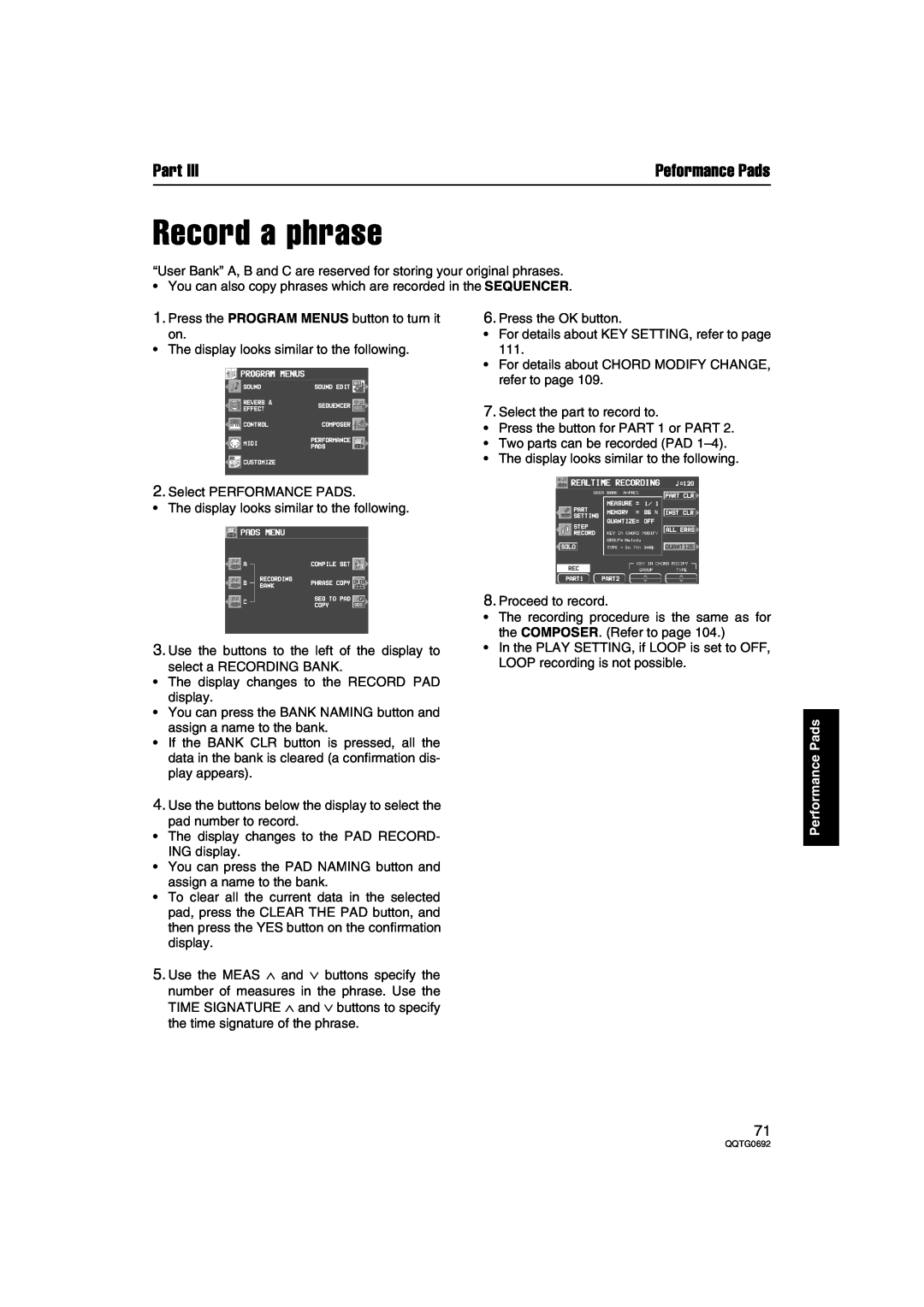 Panasonic SX-KN2400, SX-KN2600 manual Record a phrase, Part, Peformance Pads, Performance Pads 
