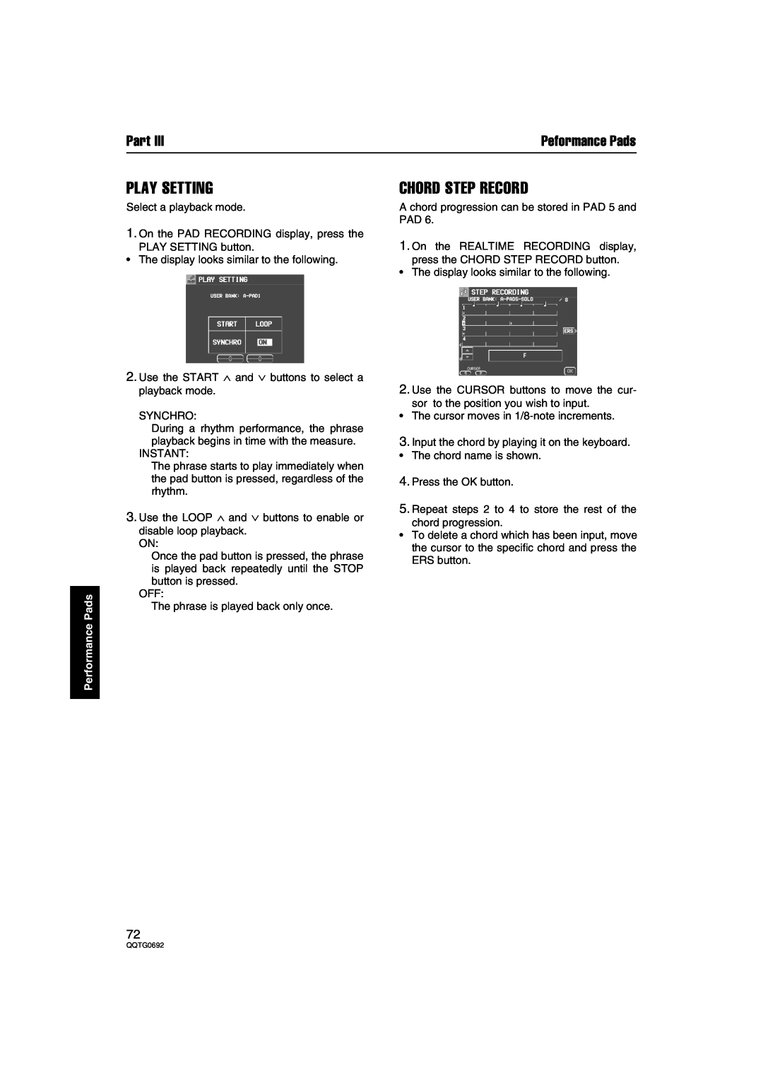 Panasonic SX-KN2600, SX-KN2400 manual Play Setting, Chord Step Record, Part, Peformance Pads, Performance Pads 