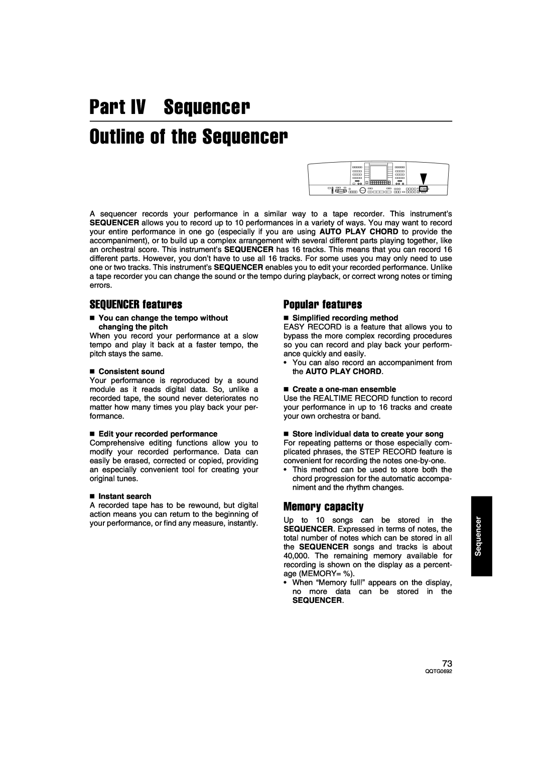 Panasonic SX-KN2400 Part IV Sequencer Outline of the Sequencer, SEQUENCER features, Popular features, Memory capacity 