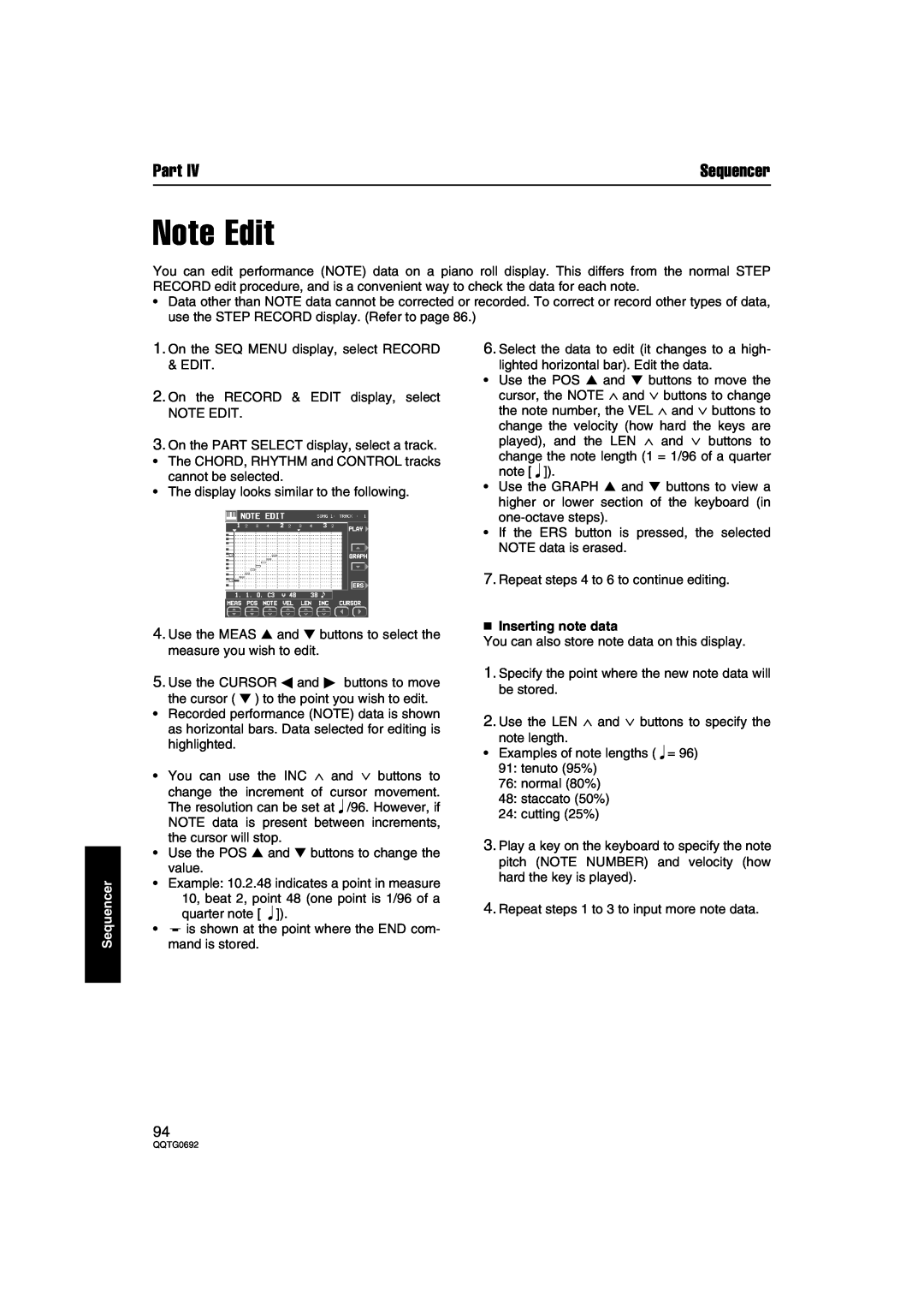 Panasonic SX-KN2600, SX-KN2400 manual Note Edit,  Inserting note data, Part, Sequencer 