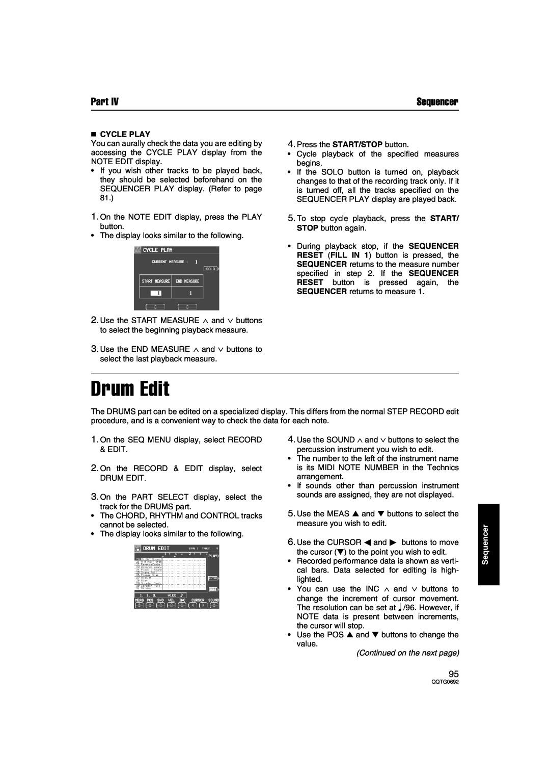 Panasonic SX-KN2400, SX-KN2600 manual Drum Edit,  Cycle Play, Part, Sequencer, Continued on the next page 