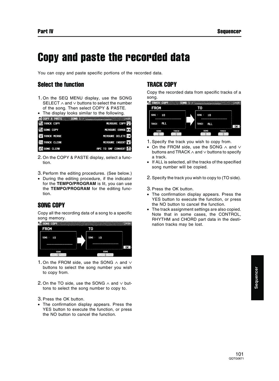 Panasonic SX-KN7000 operating instructions Copy and paste the recorded data, Select the function, Song Copy, Track Copy 