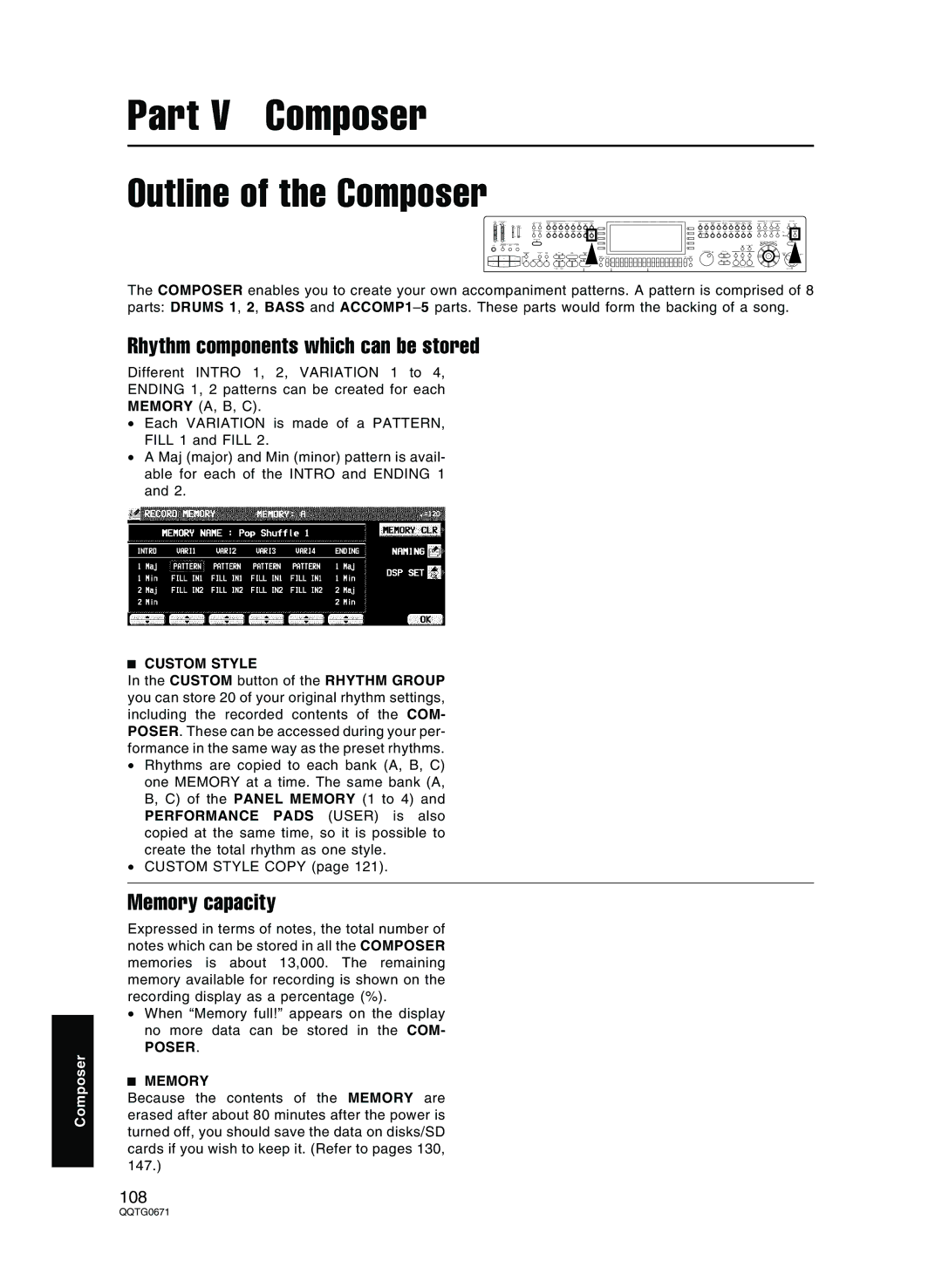 Panasonic SX-KN7000 Outline of the Composer, Rhythm components which can be stored, Memory A, B, C, Custom Style 