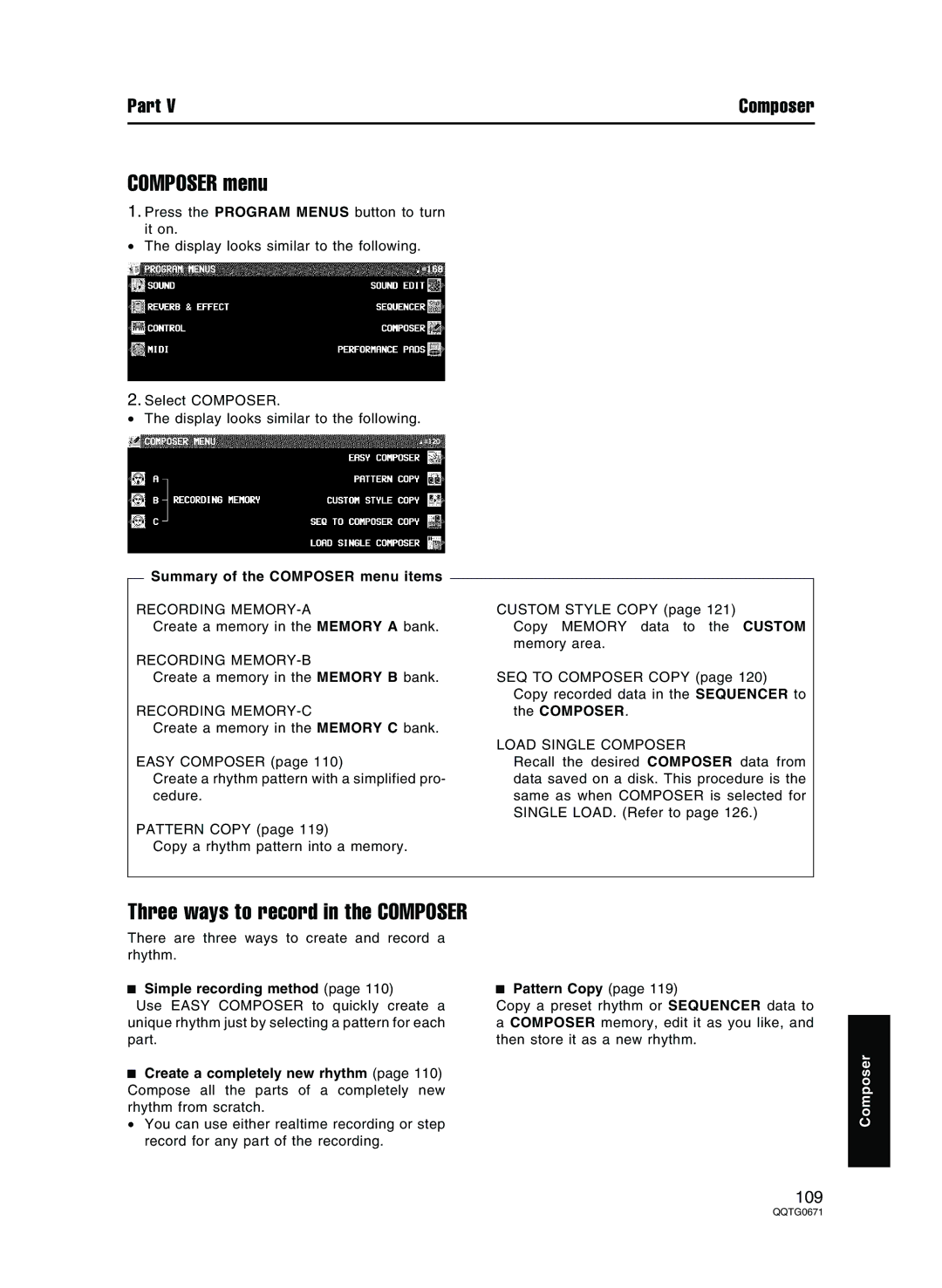 Panasonic SX-KN7000 operating instructions Summary of the Composer menu items, Simple recording method, Pattern Copy 