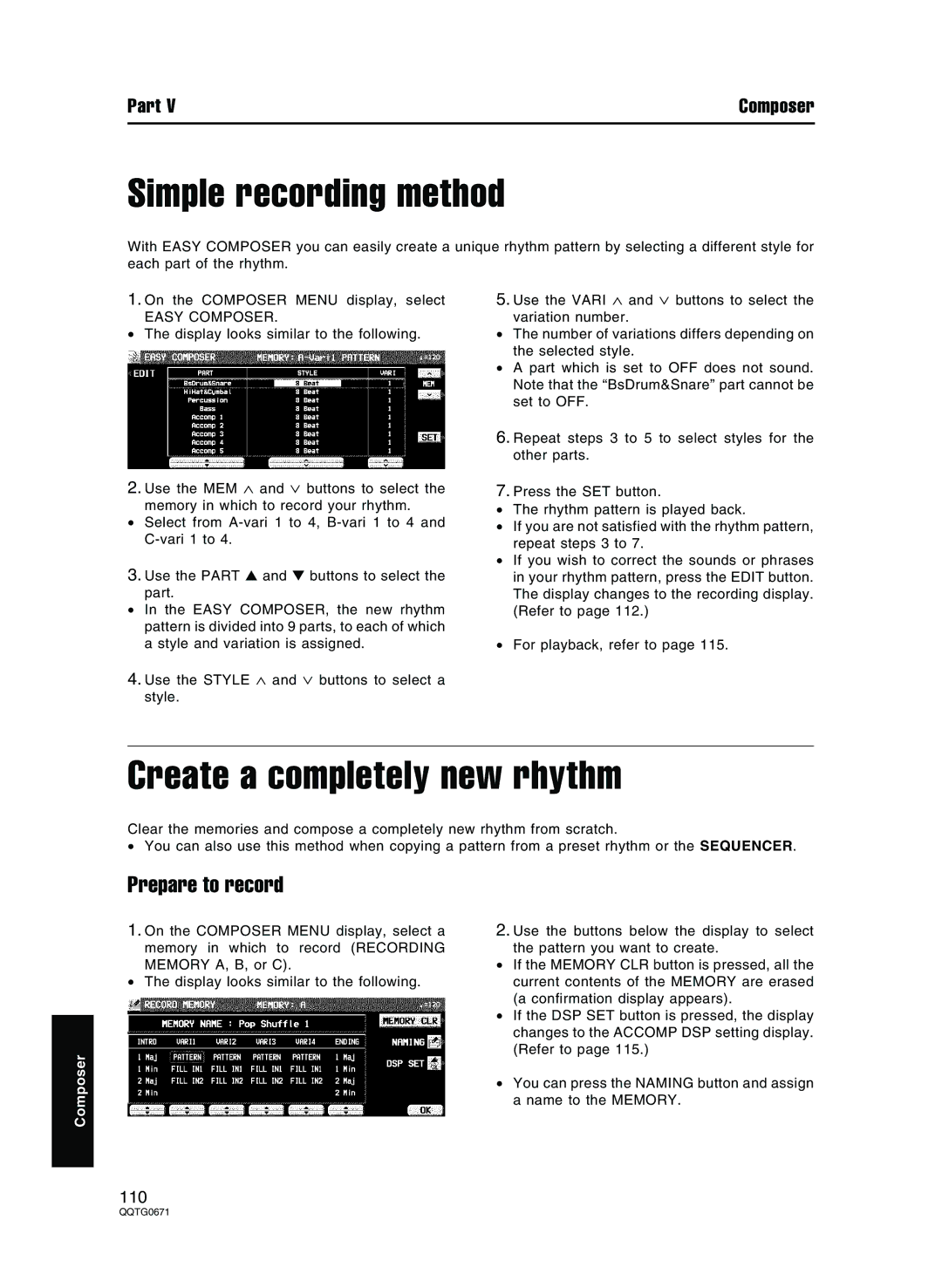 Panasonic SX-KN7000 Simple recording method, Create a completely new rhythm, Prepare to record, Easy Composer 