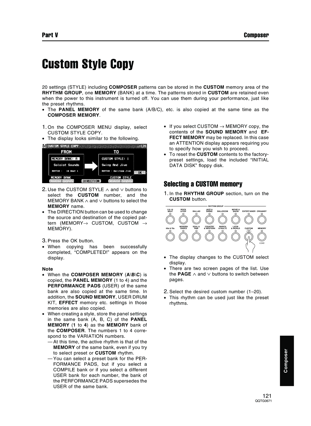 Panasonic SX-KN7000 operating instructions Custom Style Copy, Selecting a Custom memory, Composer Memory 