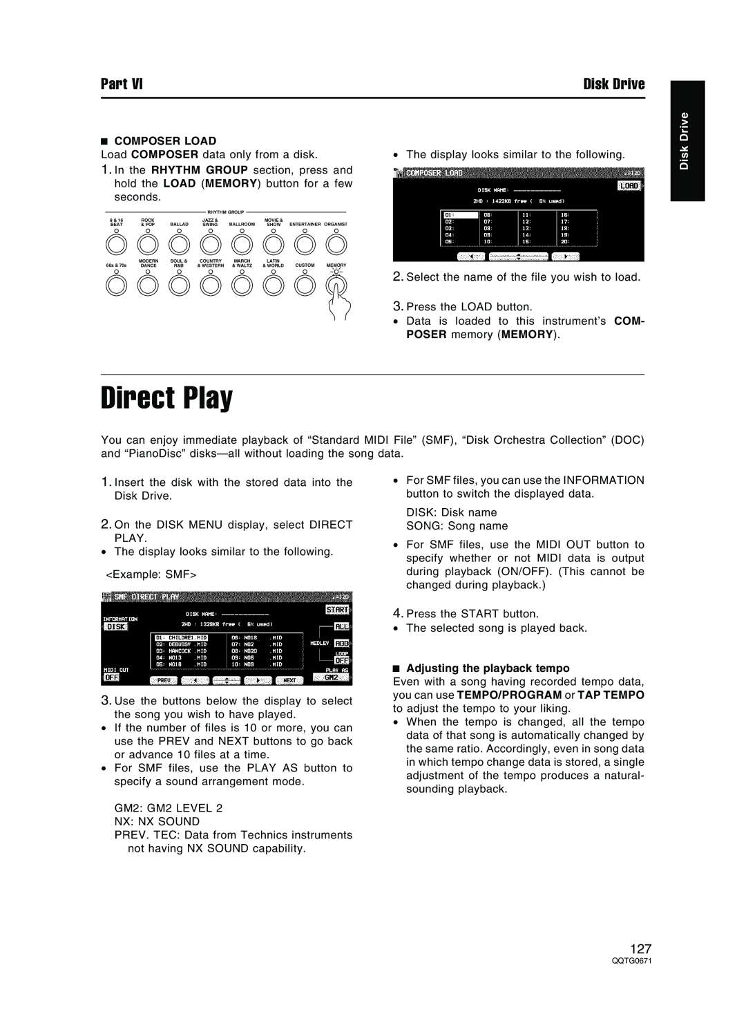 Panasonic SX-KN7000 operating instructions Direct Play, Composer Load, GM2 GM2 Level NX NX Sound 