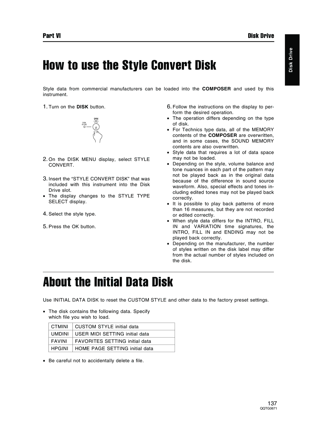 Panasonic SX-KN7000 operating instructions How to use the Style Convert Disk, About the Initial Data Disk 