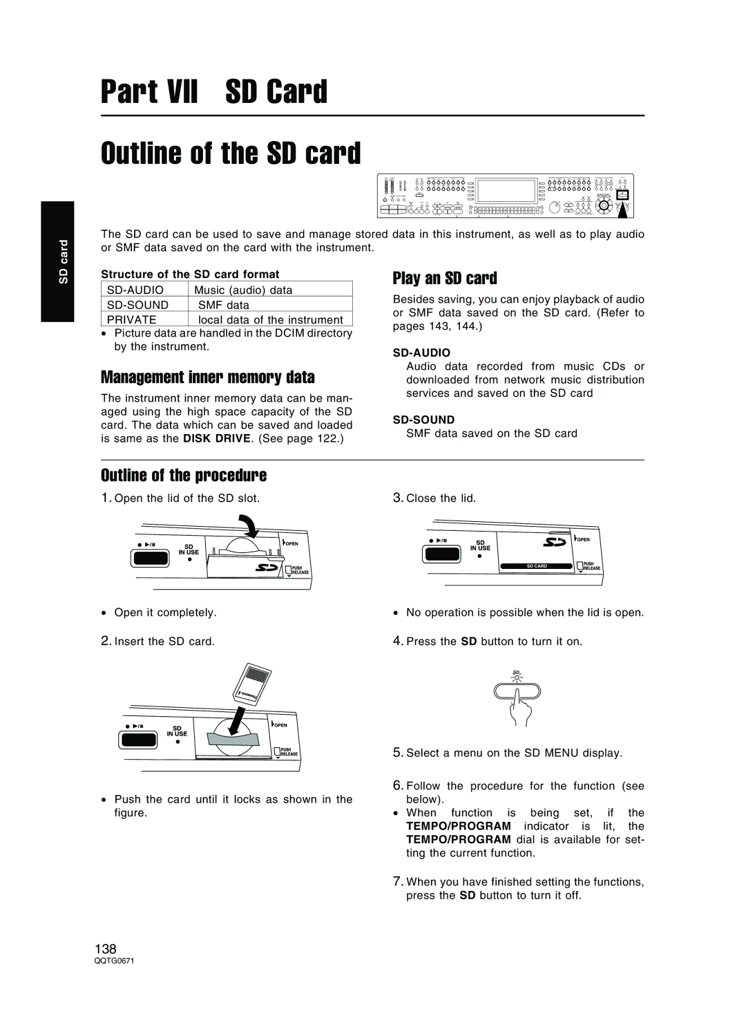 Panasonic SX-KN7000 Outline of the SD card, Management inner memory data, Play an SD card, Outline of the procedure 