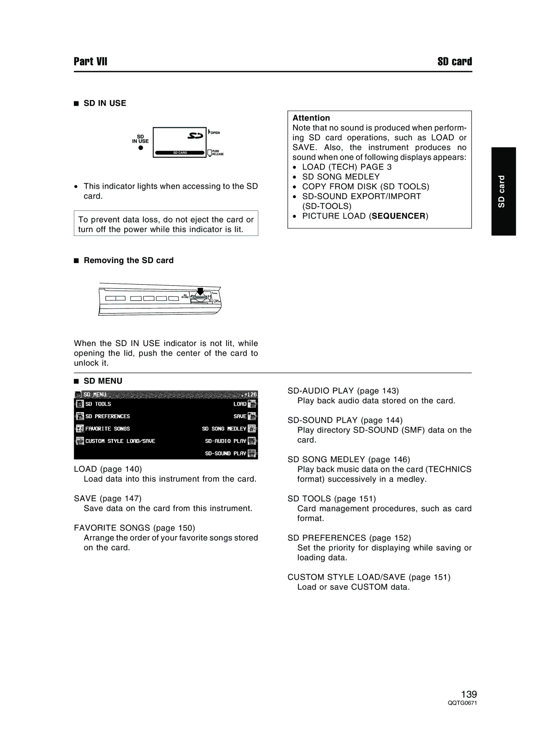 Panasonic SX-KN7000 operating instructions SD in USE, Removing the SD card, SD Menu 