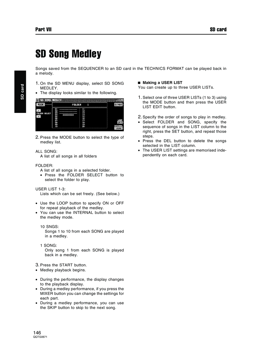 Panasonic SX-KN7000 operating instructions SD Song Medley, ALL Song, Making a User List 