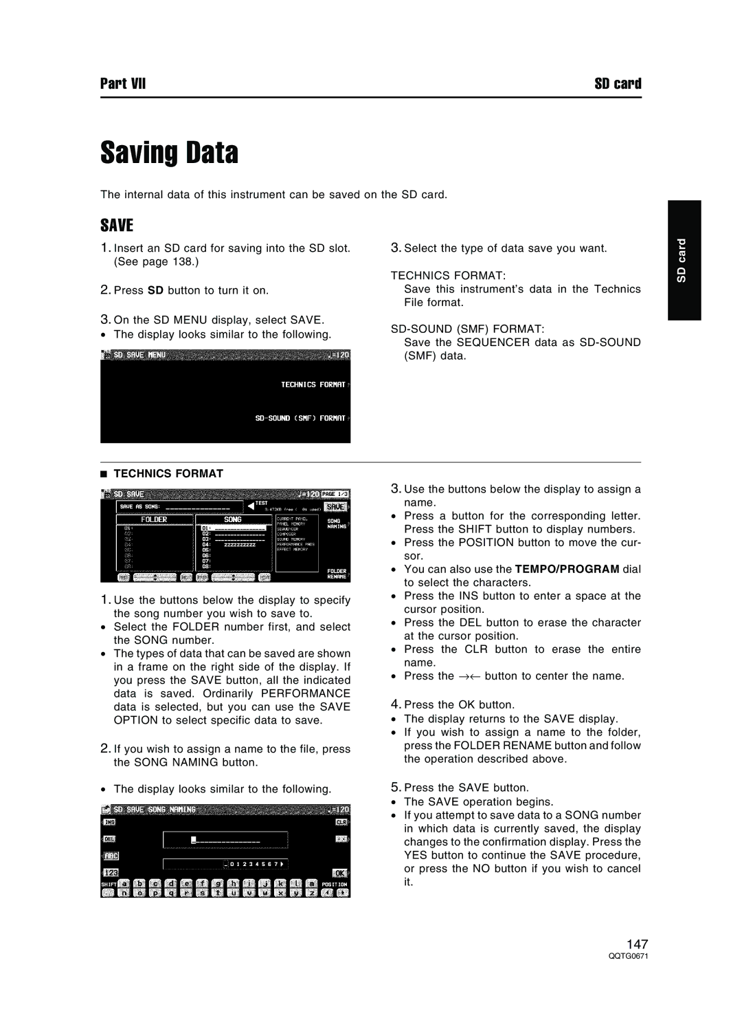 Panasonic SX-KN7000 operating instructions Saving Data, SD-SOUND SMF Format 