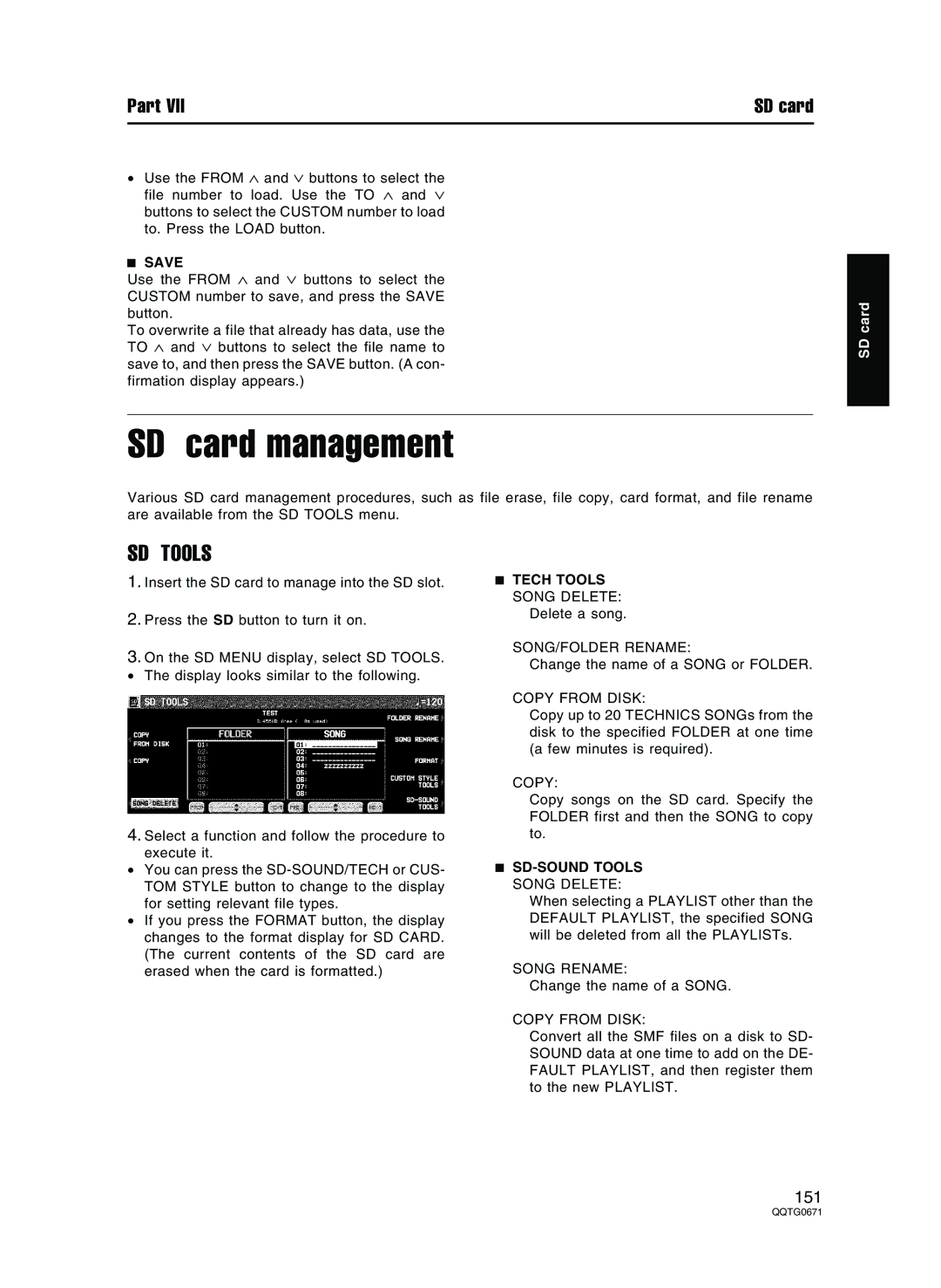 Panasonic SX-KN7000 operating instructions SD card management, SD Tools, Tech Tools, SD-SOUND Tools 