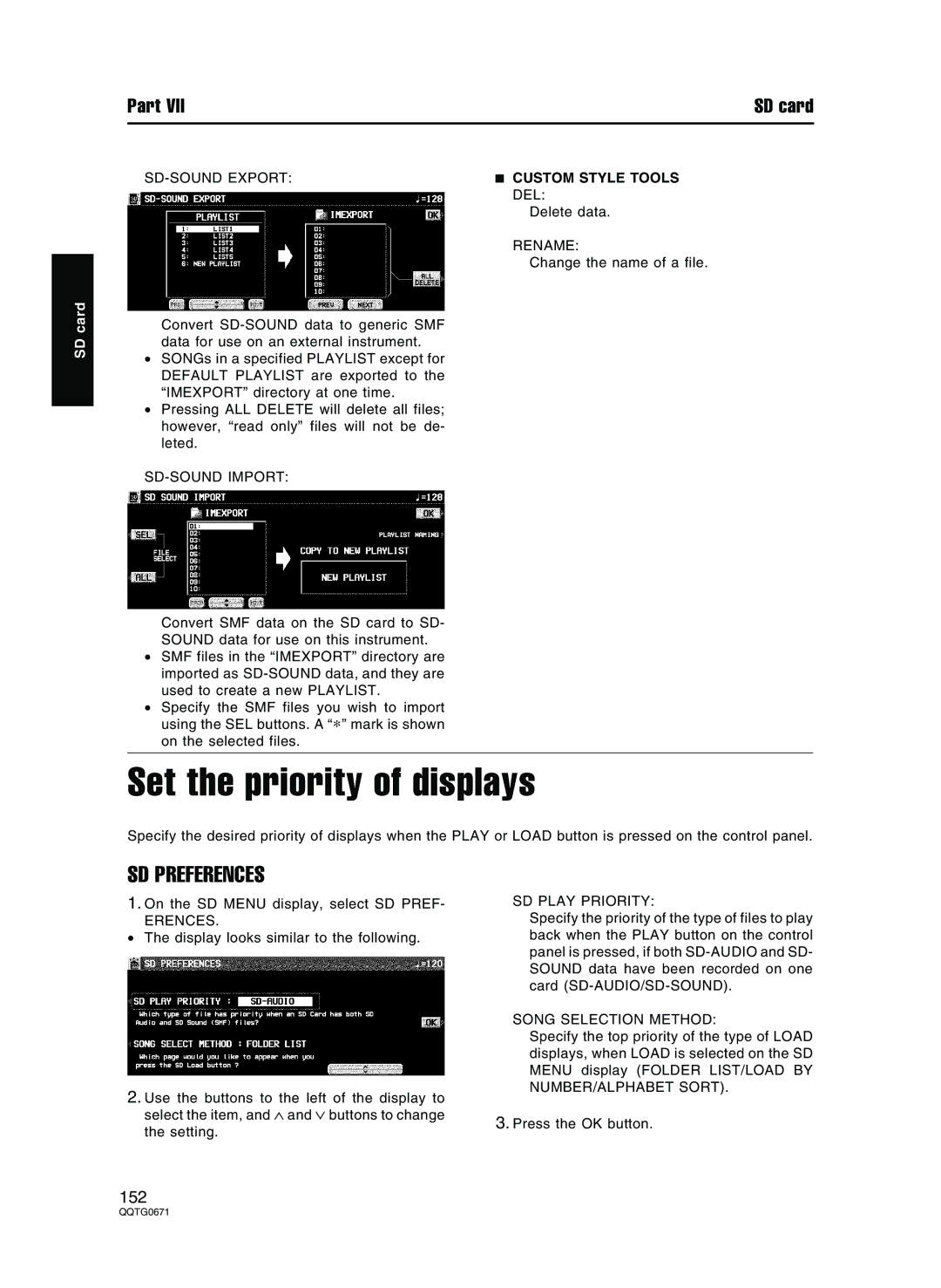 Panasonic SX-KN7000 operating instructions Set the priority of displays, SD Preferences, Custom Style Tools 