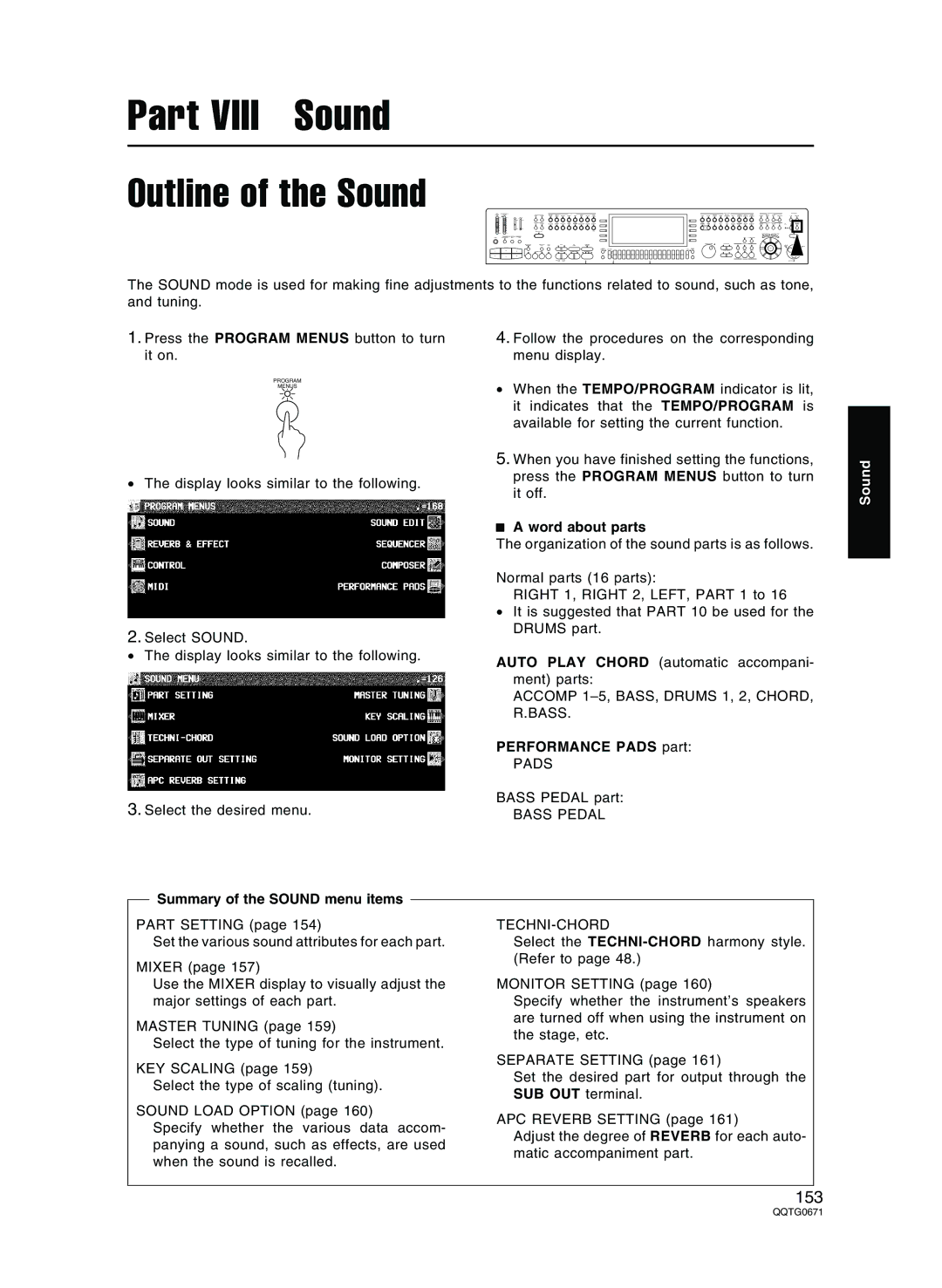 Panasonic SX-KN7000 Outline of the Sound, Summary of the Sound menu items, Word about parts, Performance Pads part 